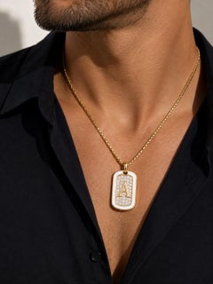 Diamond Custom Initial Dog Tag Pendant White Enamel 14K Gold by Meghna Jewels