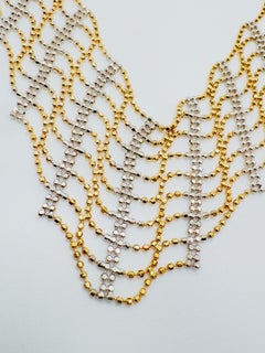 Diamond-Cut Beaded Mesh Chevron Bib Necklace, 14 Karat Yellow and White Gold