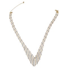 Diamond-Cut Beaded Mesh Chevron Bib Necklace, 14 Karat Yellow and White Gold