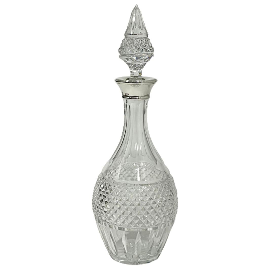 Diamond Cut Crystal Decanter with Stopper and Silver Collar, London, 1978 For Sale