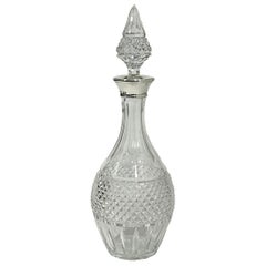 Vintage Diamond Cut Crystal Decanter with Stopper and Silver Collar, London, 1978