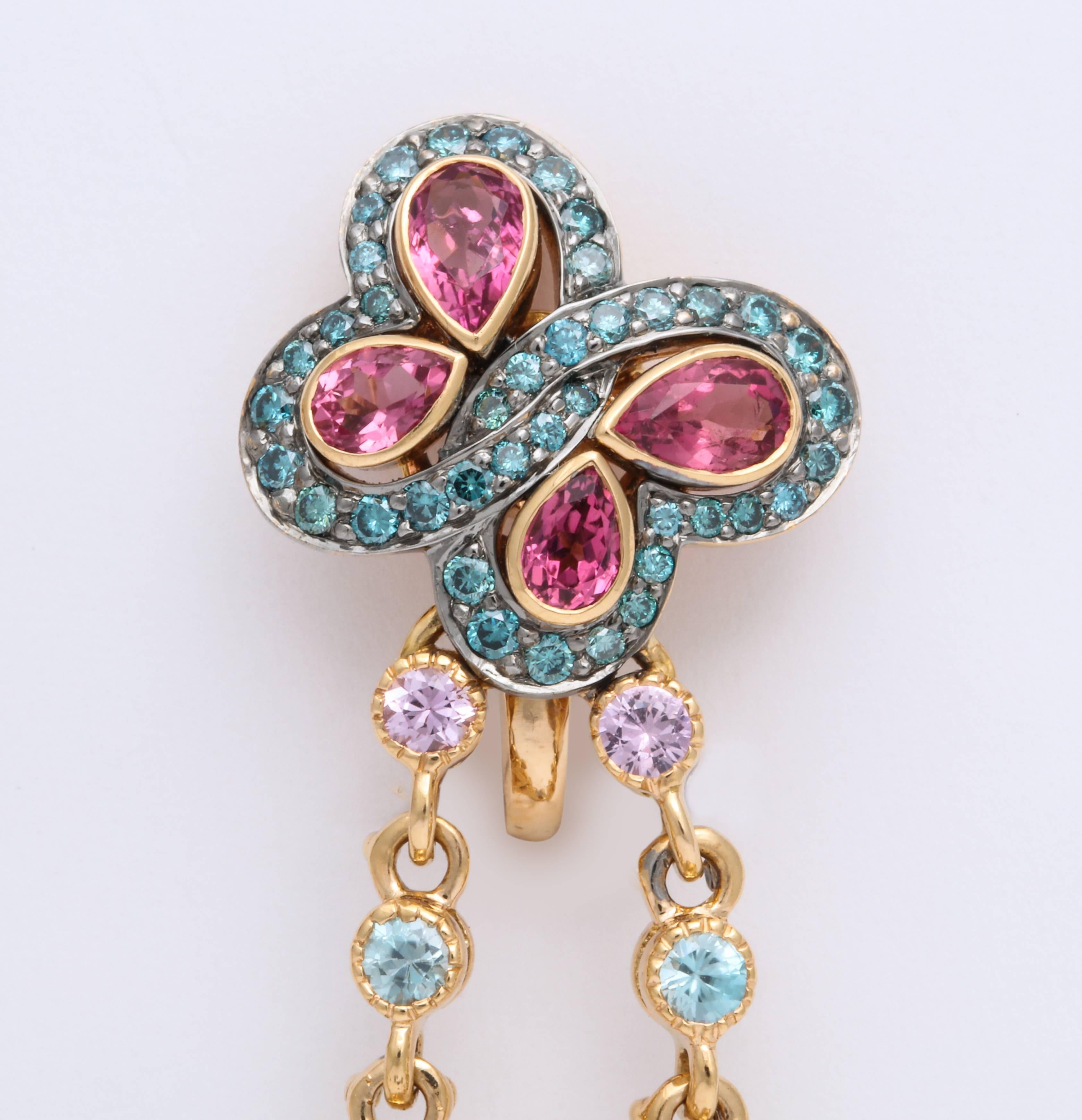 Round Cut Diamond Cut Sapphire and Rose Gold Butterfly Pendant Dangle Earrings For Sale