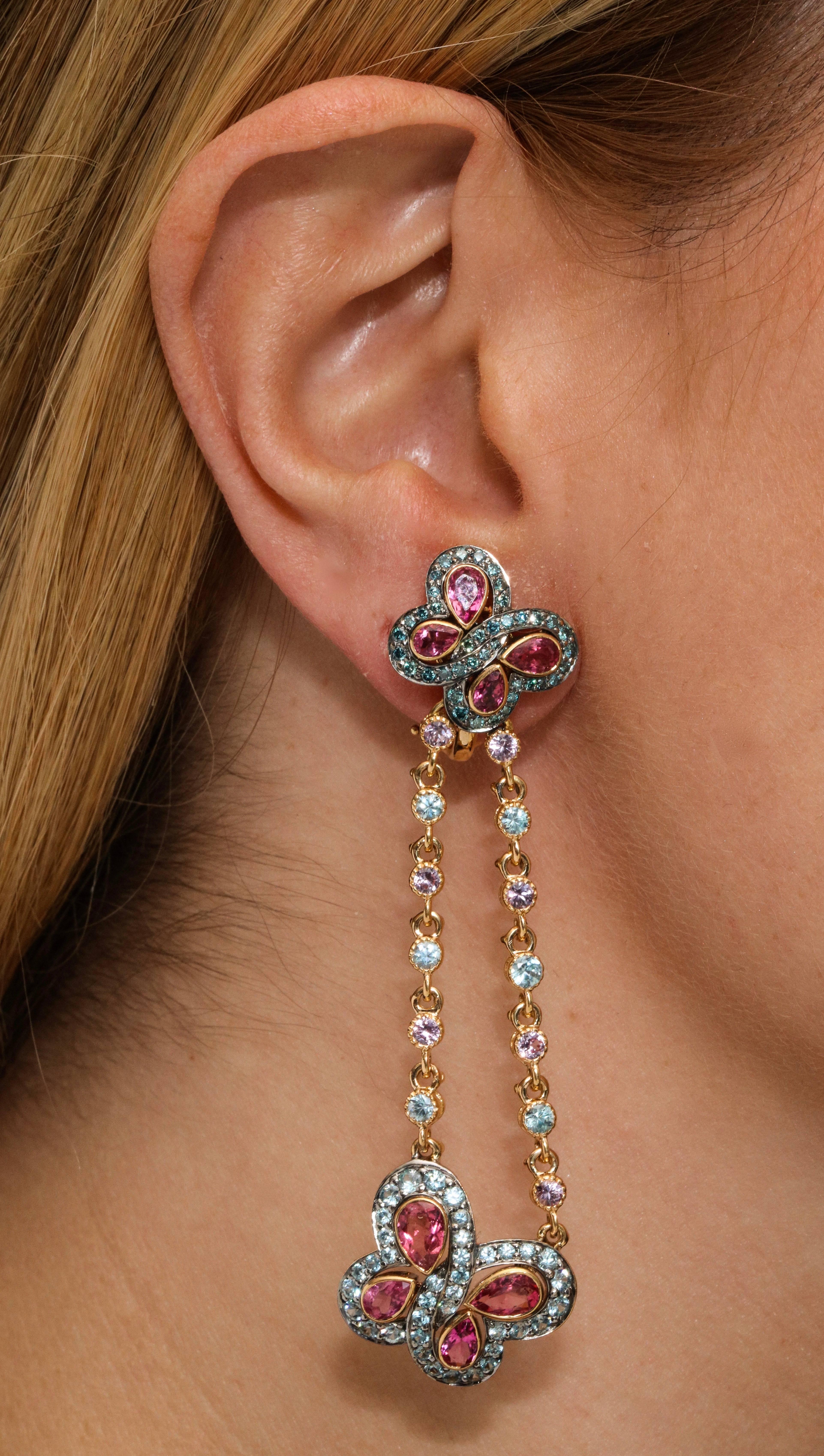 Women's Diamond Cut Sapphire and Rose Gold Butterfly Pendant Dangle Earrings For Sale