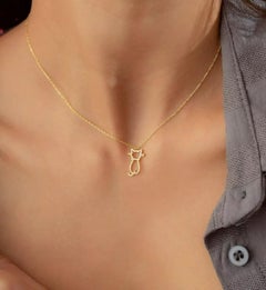 Diamond Cat Dainty Gold Charm Pendant Necklace in 14K Solid Yellow Gold