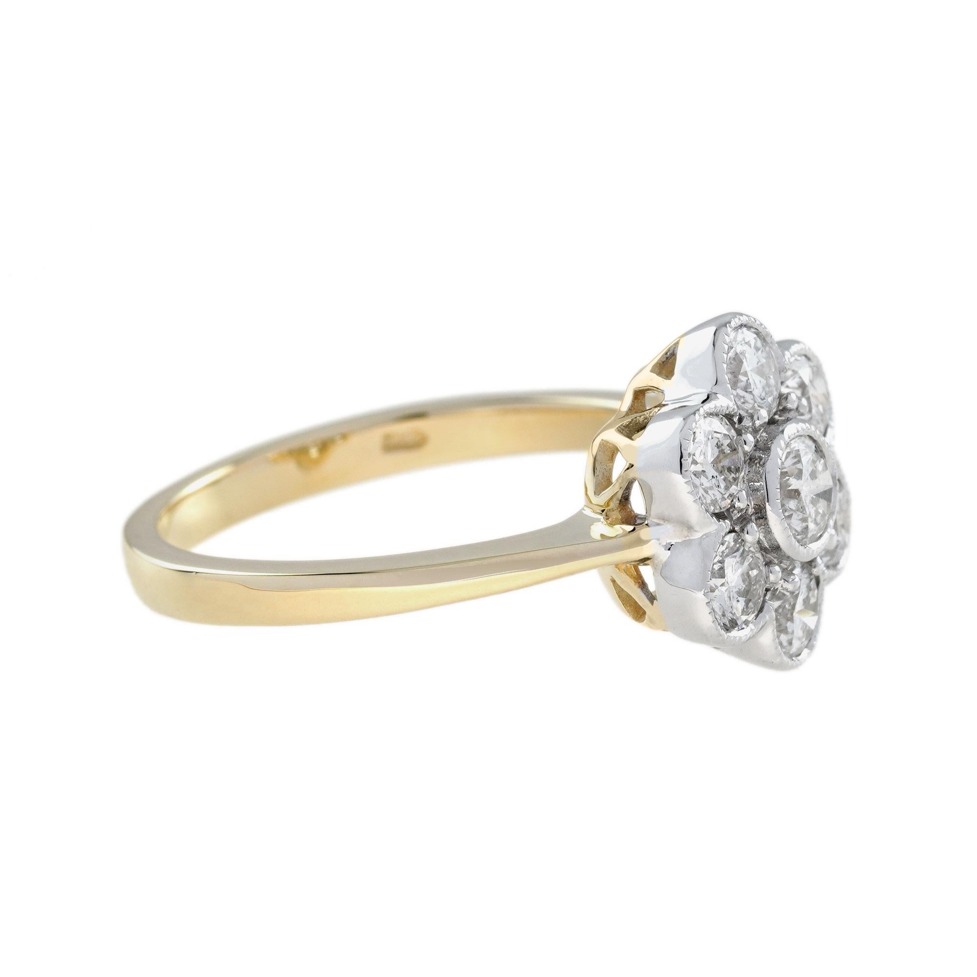 Round Cut Diamond Daisy Edwardian Style Cluster Engagement Ring in 18K Two Tone Gold For Sale
