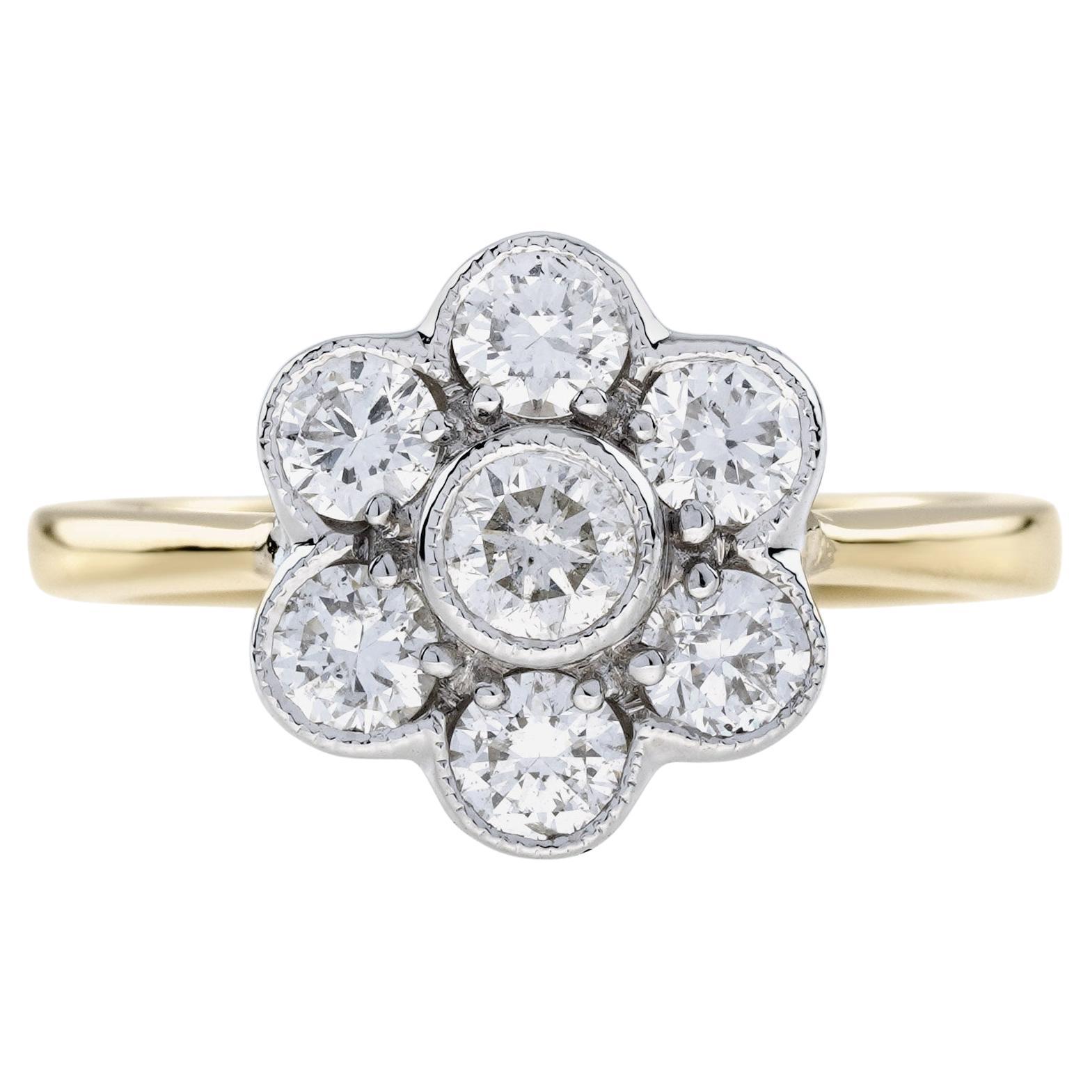 Diamond Daisy Edwardian Style Cluster Engagement Ring in 18K Two Tone Gold For Sale
