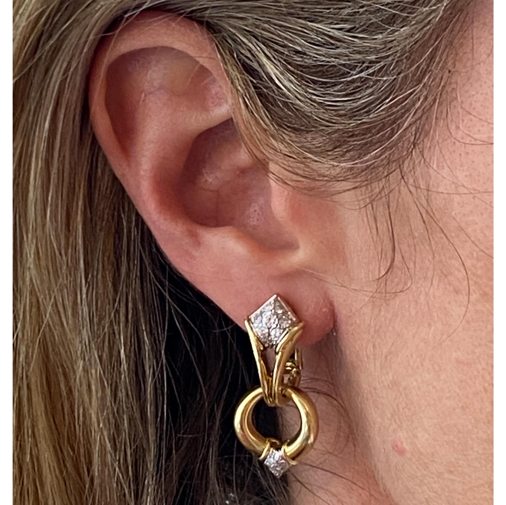 Round Cut Diamond Dangle Detachable Drop Earrings 18 Karat Yellow Gold