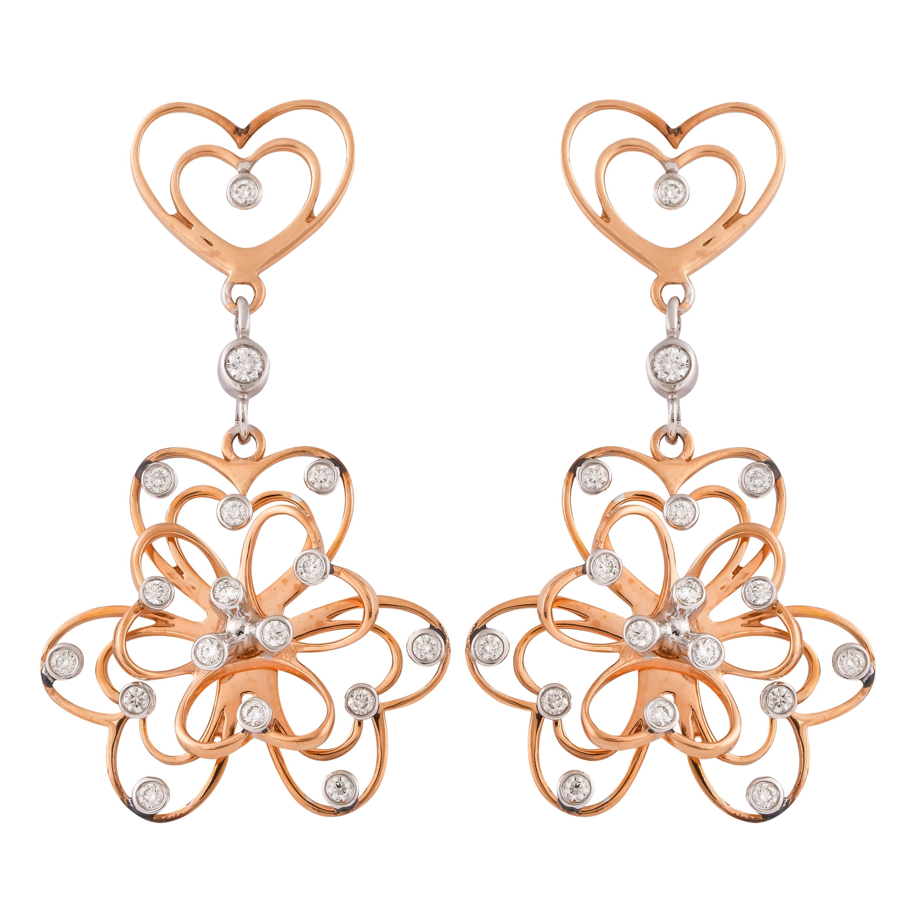 An exclusive collection of designer and unique dangle earrings by Sunita Nahata Fine Design. 

Diamond Dangle Earring in 18 Karat White & Rose Gold.

Diamond: 0.081 carat, 2.00 Size, Round Shape, G colour, VS clarity.
Diamond: 0.475 carat, 1.50