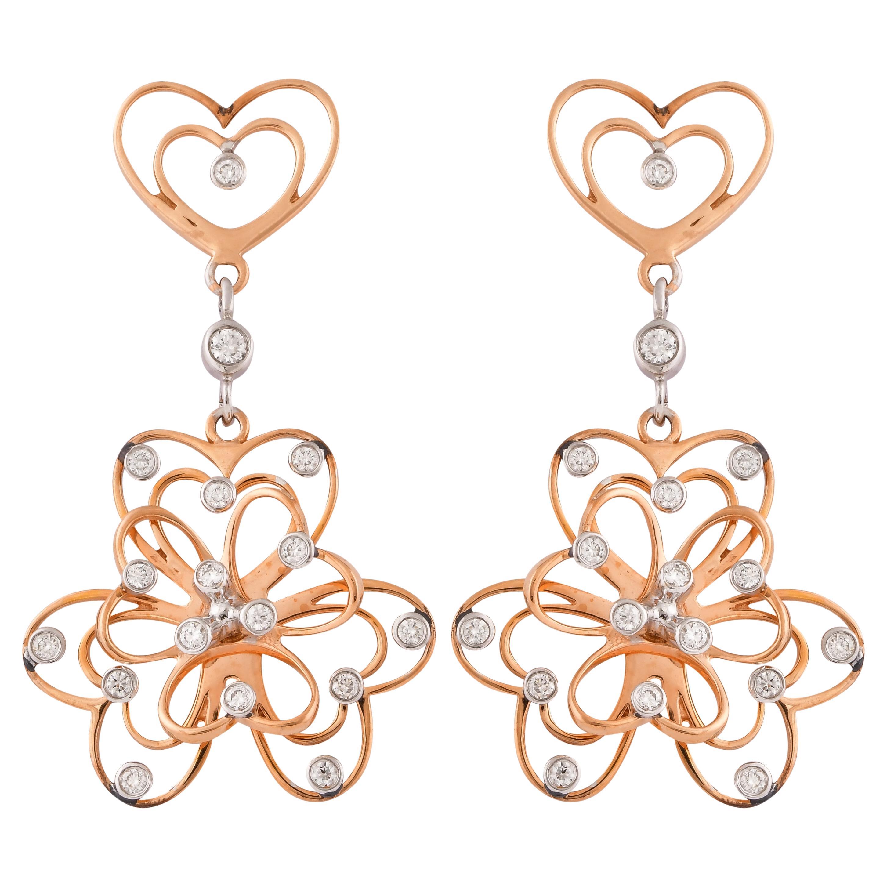 Boucles d'oreilles pendantes en or blanc et rose 18 carats avec diamants