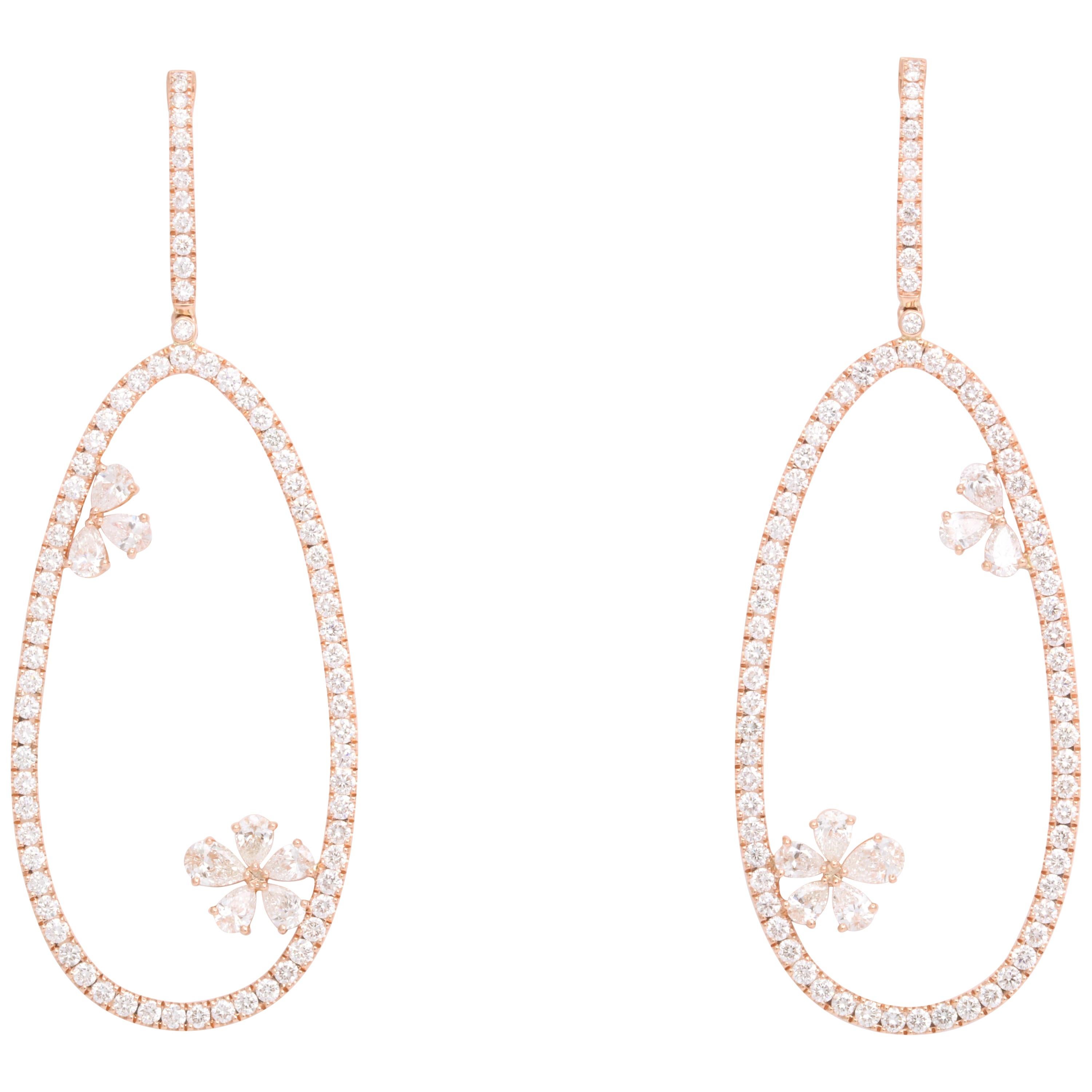 Diamond Dangle Earring with Flowers Rose Gold