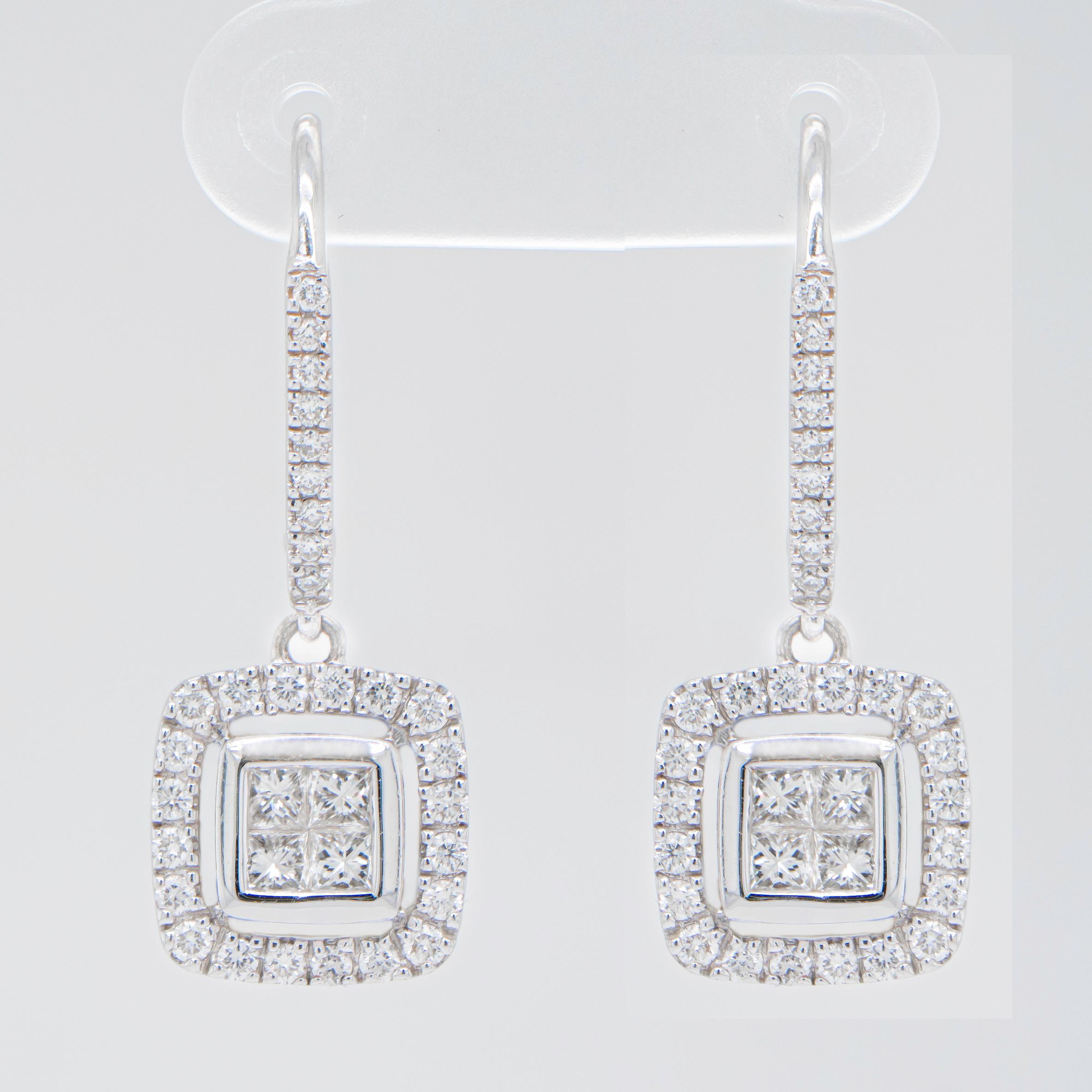 Boucles d'oreilles pendantes en or blanc 14 carats avec diamants 1,02 carat en vente 1