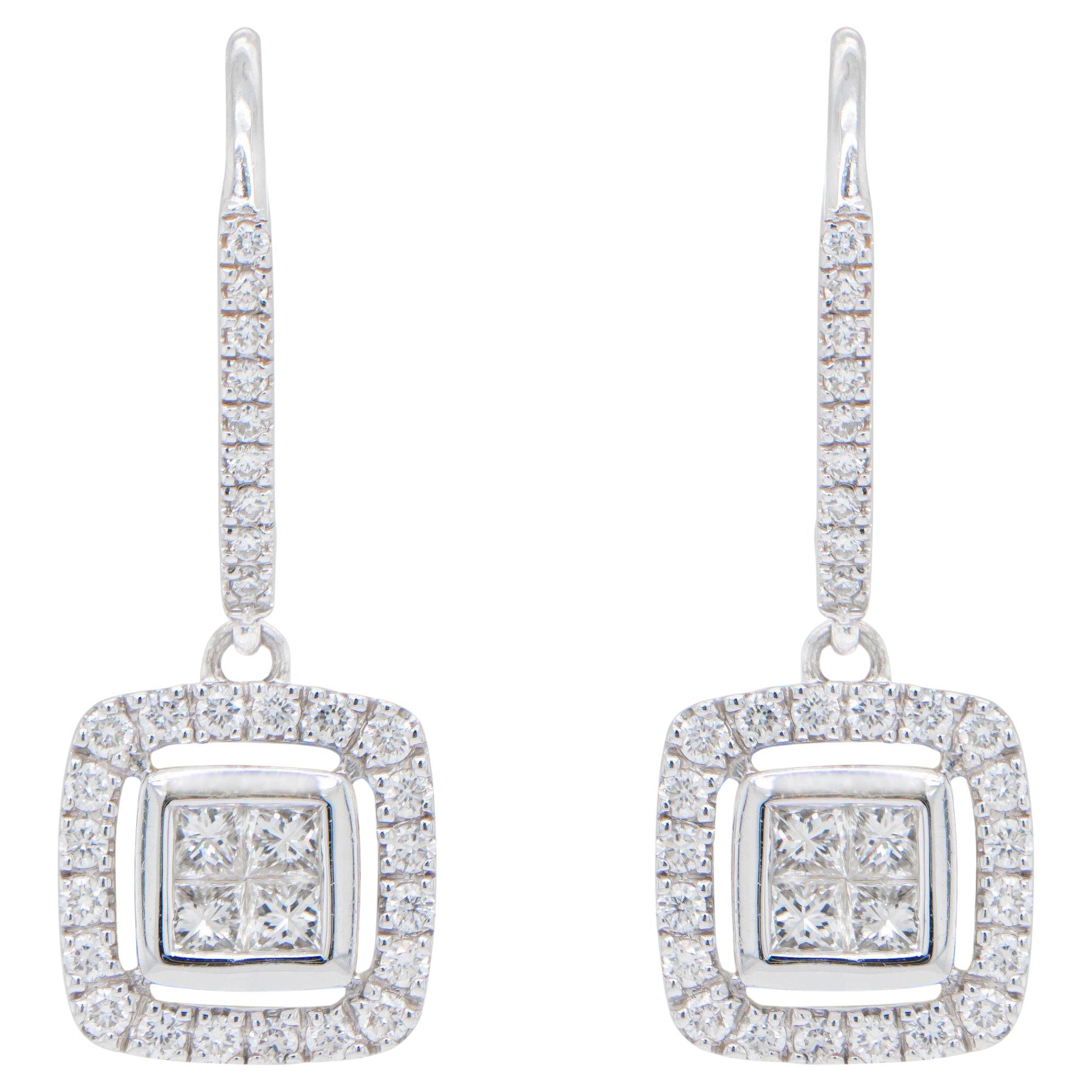Diamond Dangle Earrings 1.02 Carats 14k White Gold For Sale