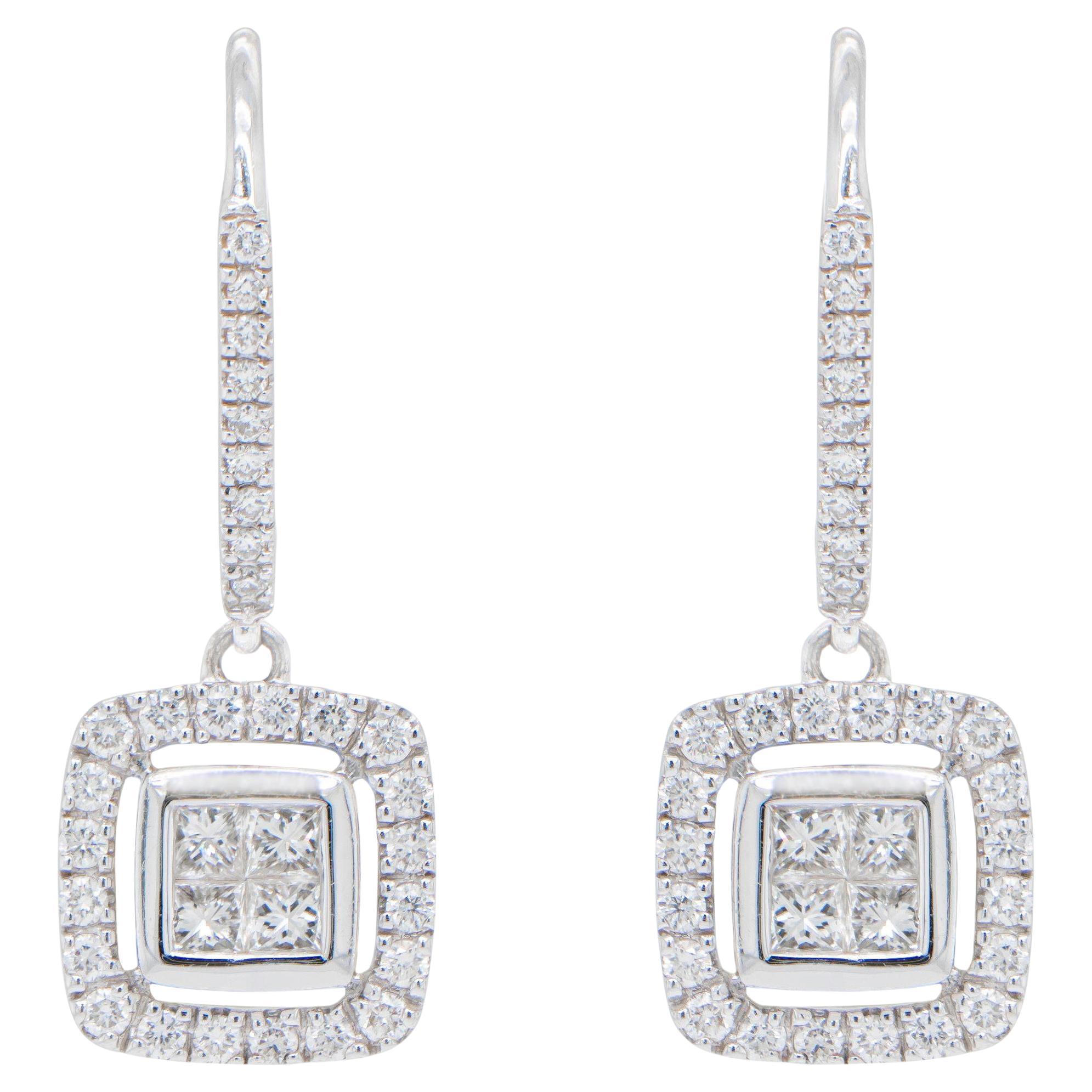 Diamond Dangle Earrings 1.02 Carats 14K White Gold For Sale