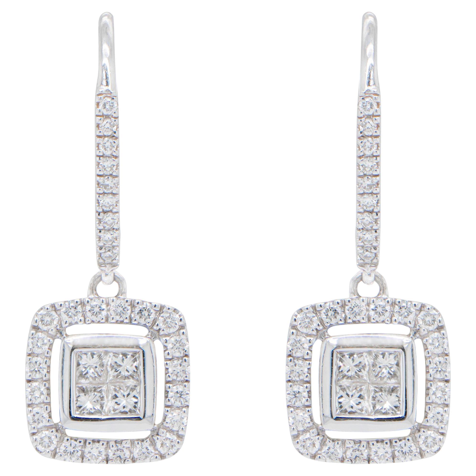 Diamond Dangle Earrings 1.02 Carats 14K White Gold For Sale