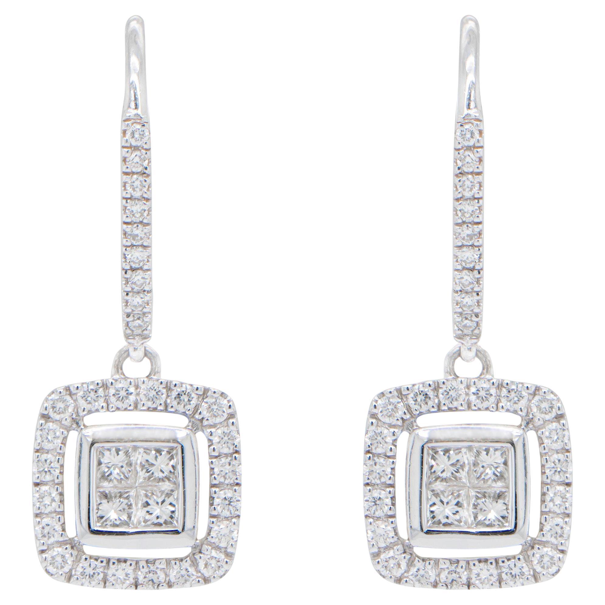 Boucles d'oreilles pendantes en or blanc 14 carats avec diamants 1,02 carat en vente
