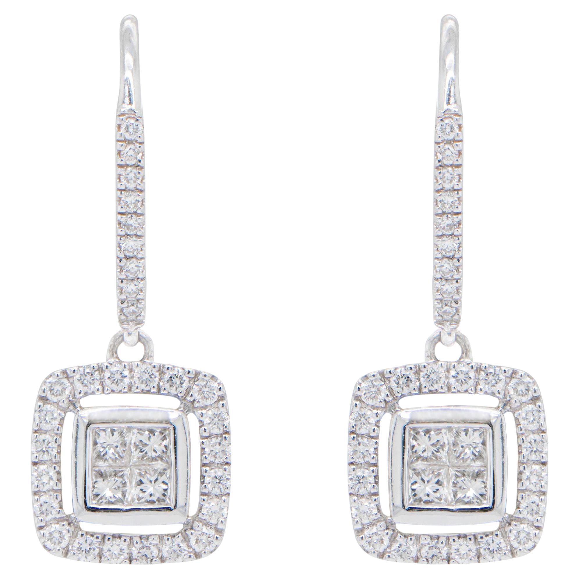 Diamond Dangle Earrings 1.02 Carats 14K White Gold