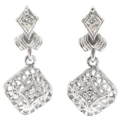 Diamond Dangle Earrings, 14k White Gold, Diamond Cluster