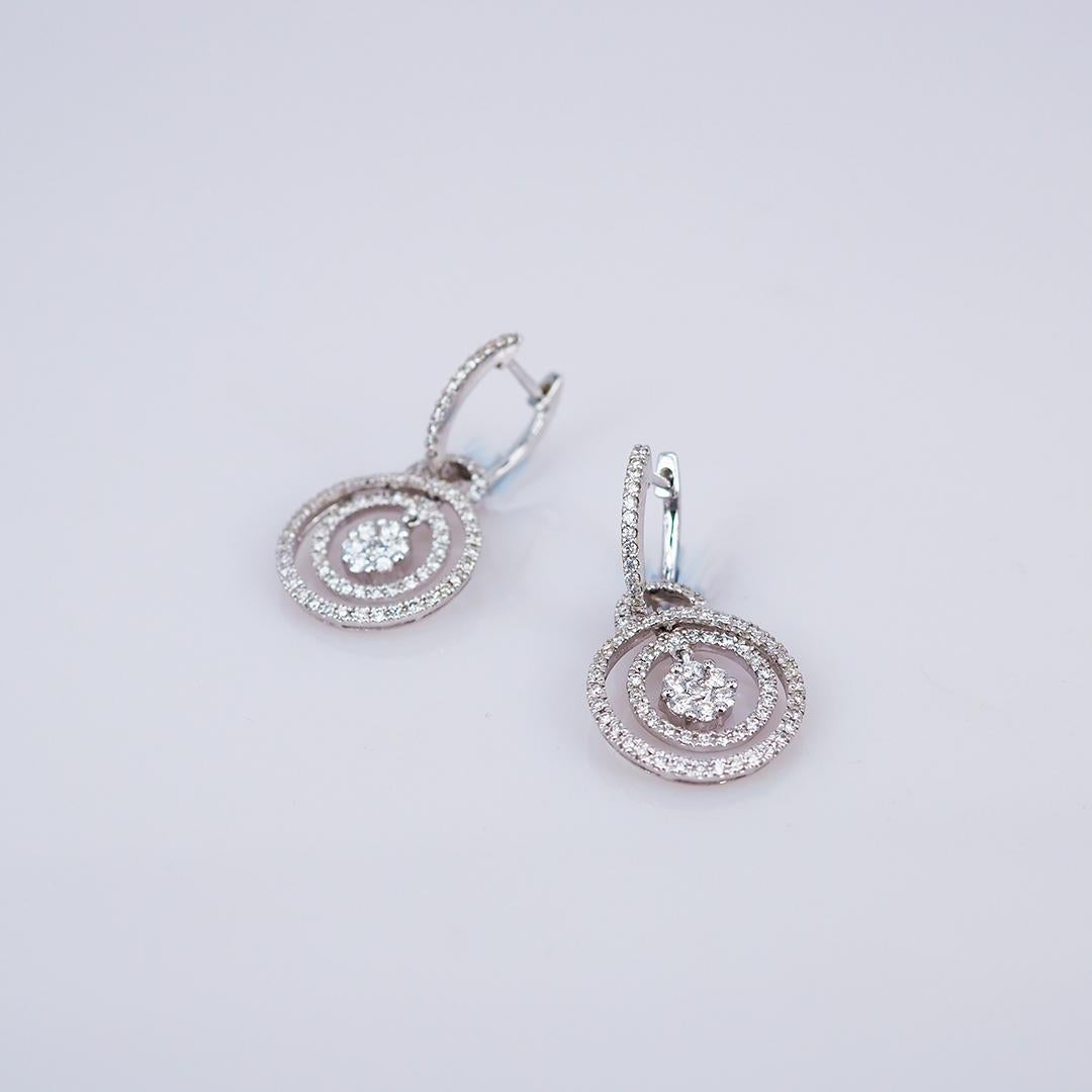 Round Cut Diamond Dangle Earrings 18 Karat White Gold For Sale
