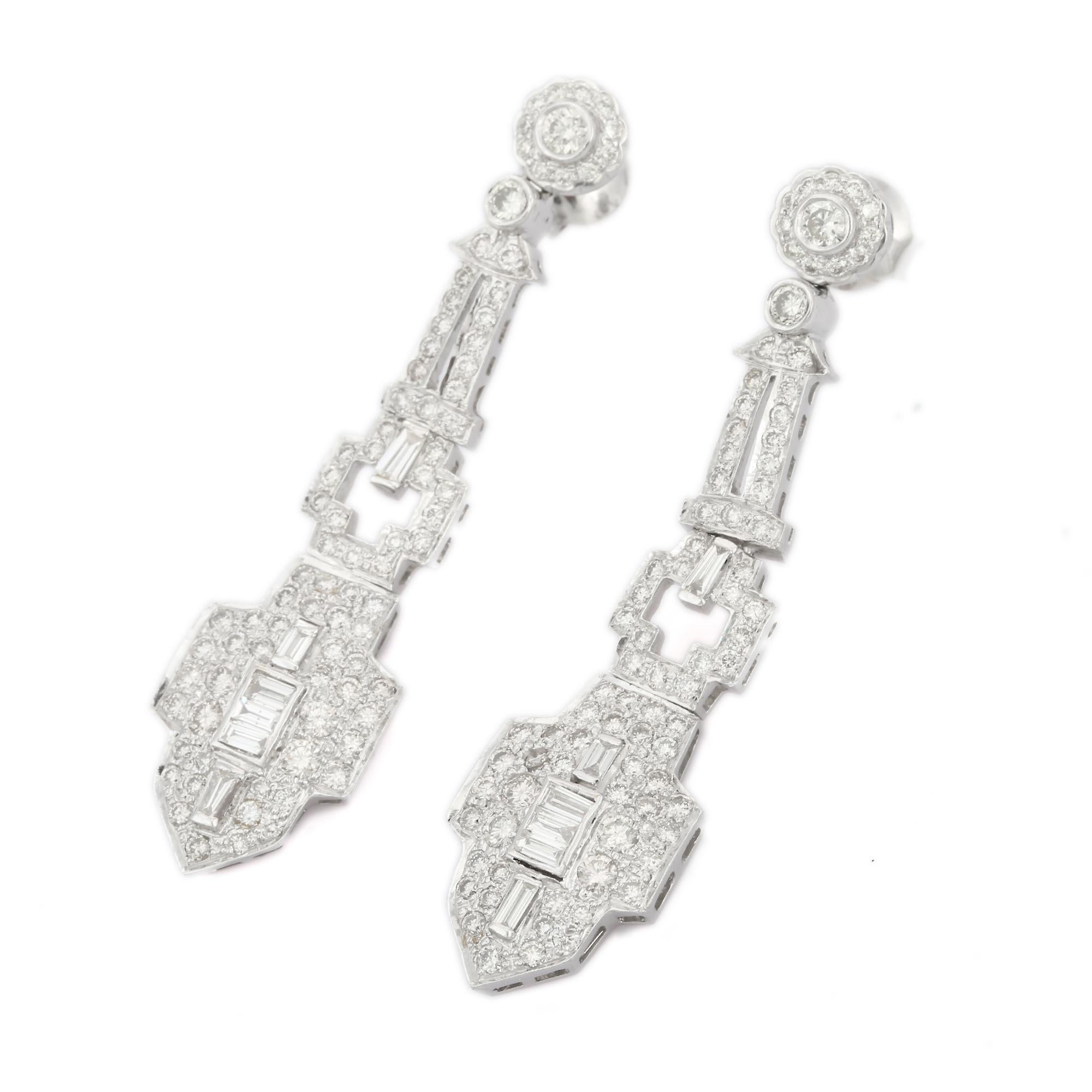 Exquisite Art Deco Diamond Dangle Earrings in 18K Gold to make a statement with your look. You shall need dangle earrings to make a statement with your look. These earrings create a sparkling, luxurious look featuring round cut diamond.
April