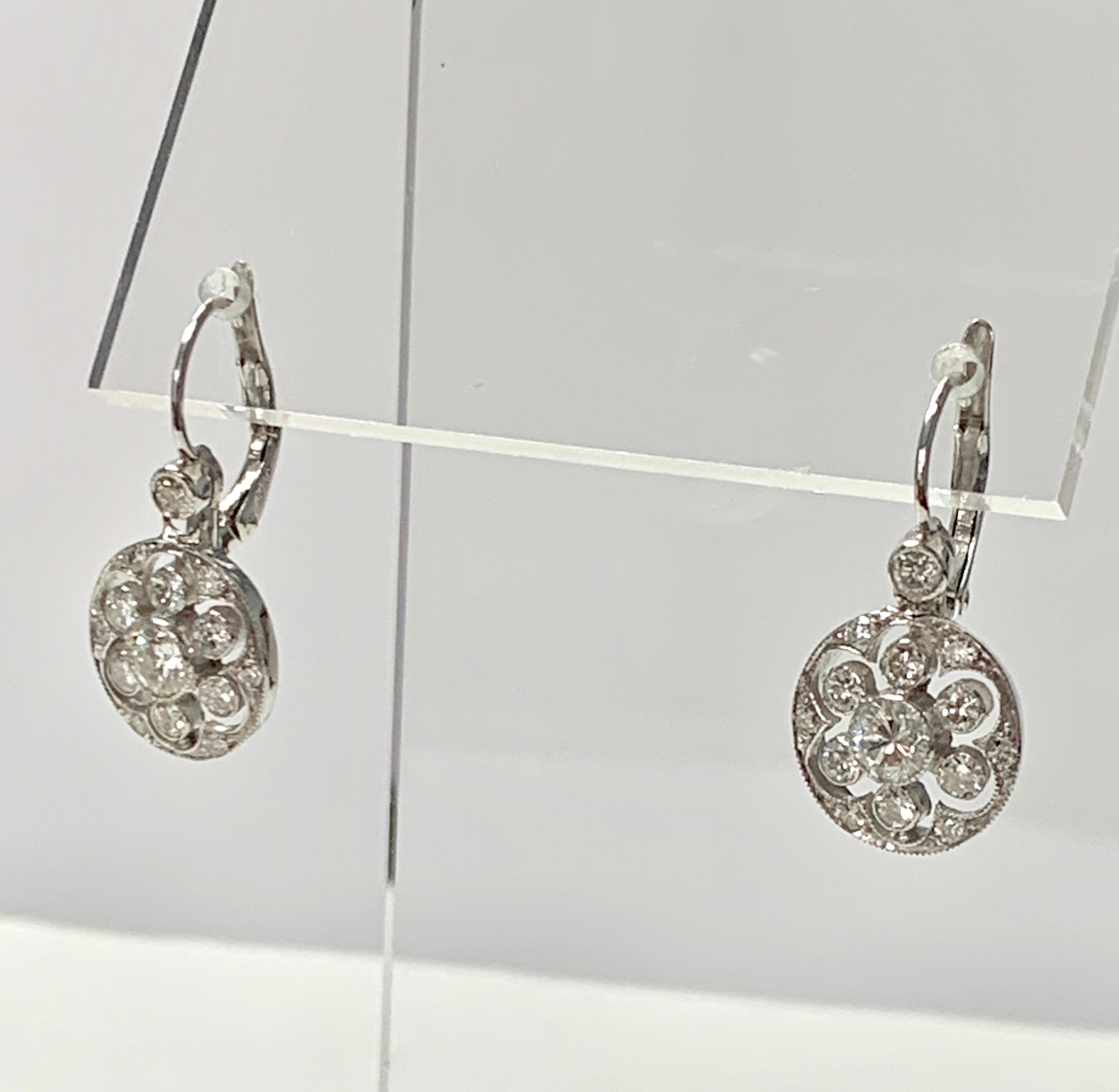 Round Cut Diamond Dangle Earrings in 18k White Gold For Sale