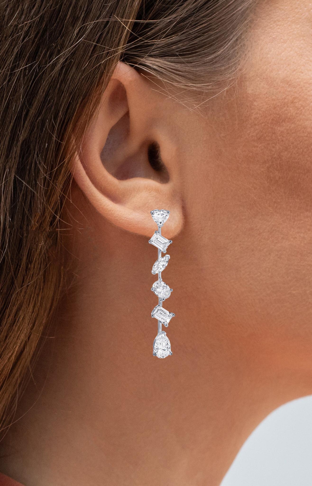 Contemporary Diamond Dangle Earrings Mixed Fancy Cut 3.6 Carats Total 18K White Gold For Sale