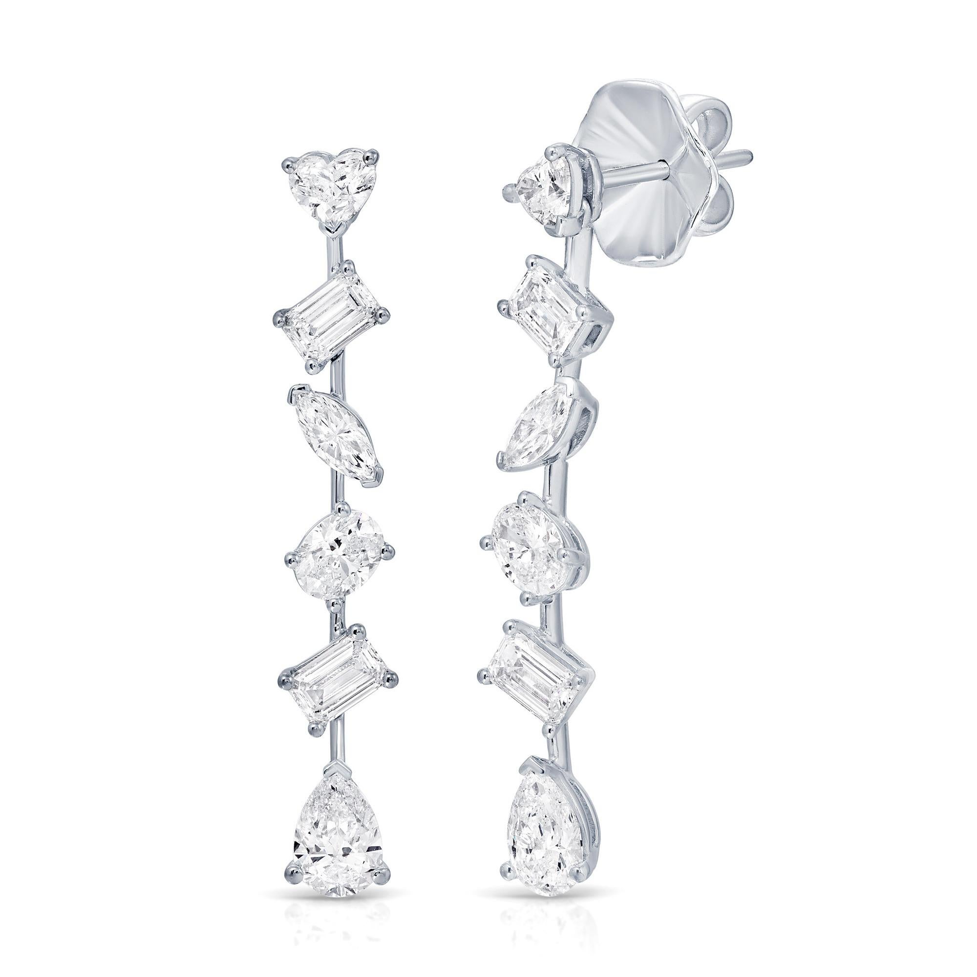 Mixed Cut Diamond Dangle Earrings Mixed Fancy Cut 3.6 Carats Total 18K White Gold For Sale