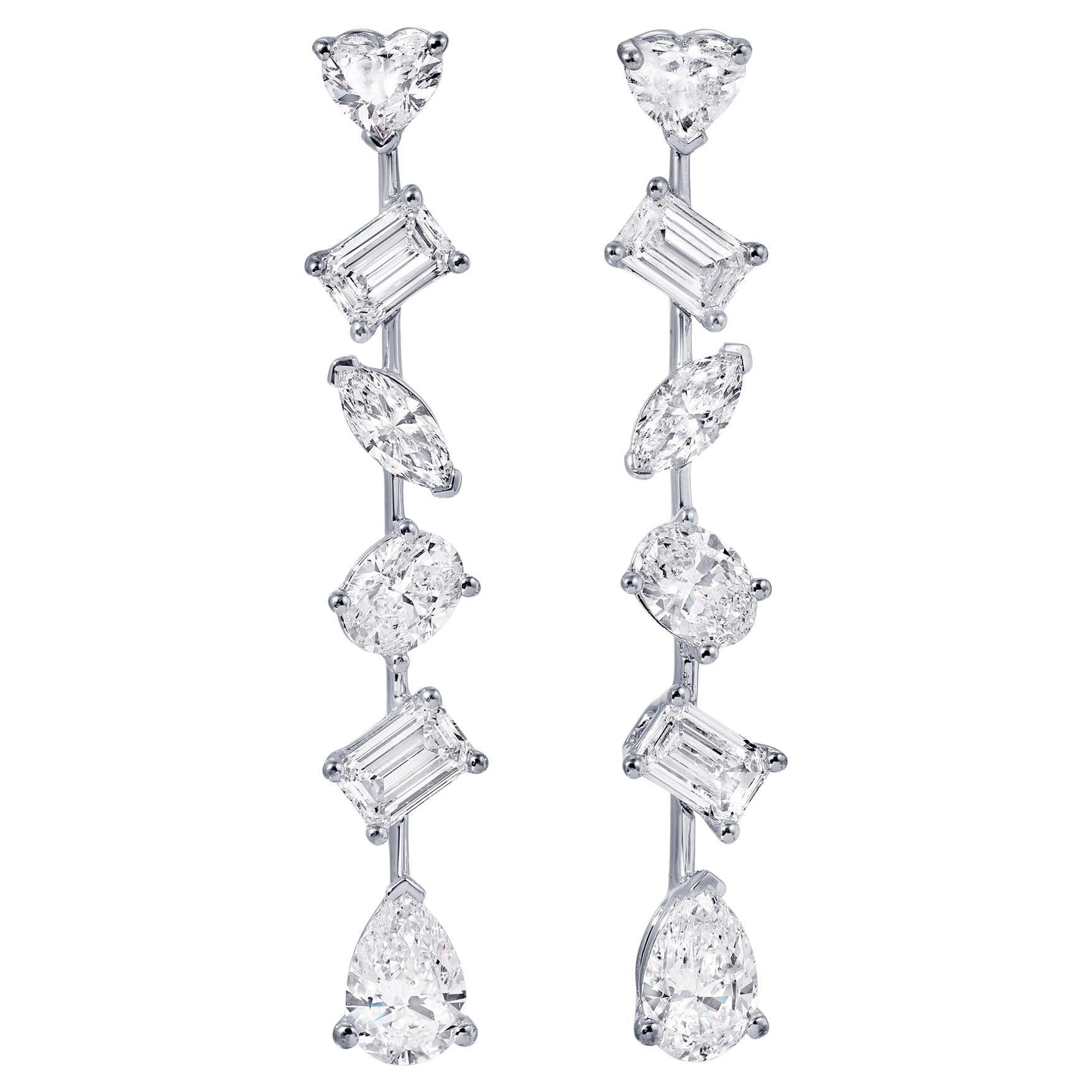 Diamond Dangle Earrings Mixed Fancy Cut 3.6 Carats Total 18K White Gold