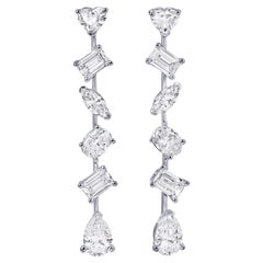 Diamond Dangle Earrings Mixed Fancy Cut 3.6 Carats Total 18K White Gold