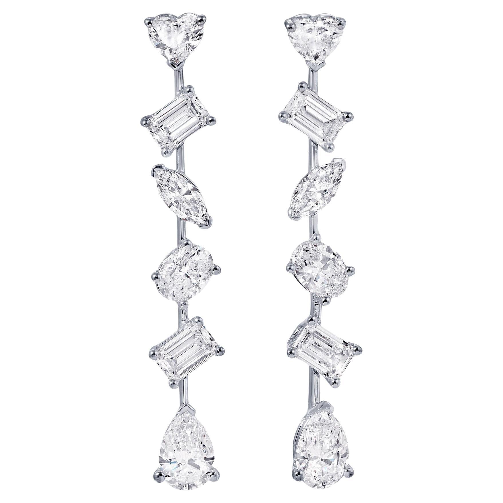 Diamond Dangle Earrings Mixed Fancy Cut 3.6 Carats Total 18K White Gold