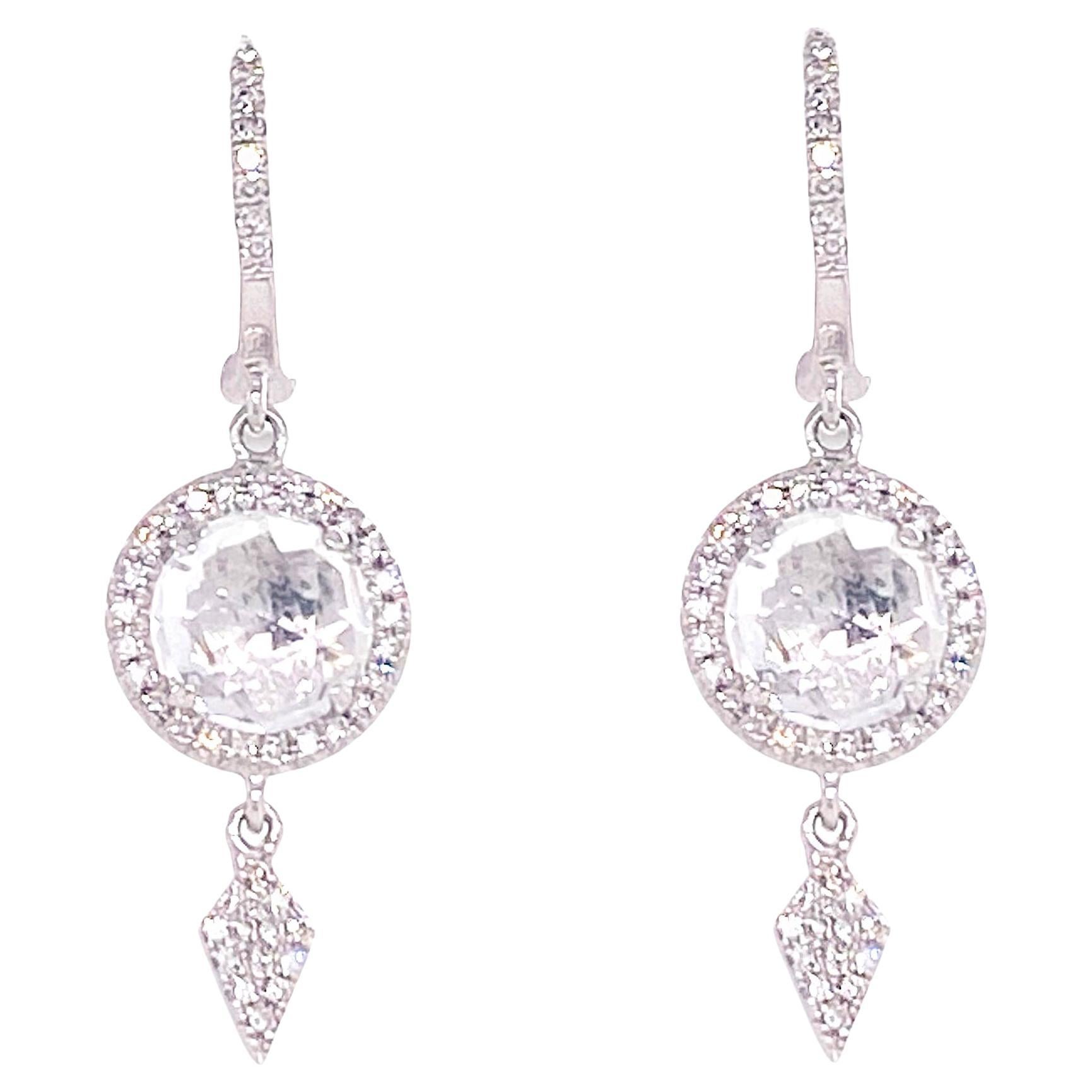 Diamond Dangle Earrings, Round White Topaz, Lever-Back Clasp White Gold 65 Diamo