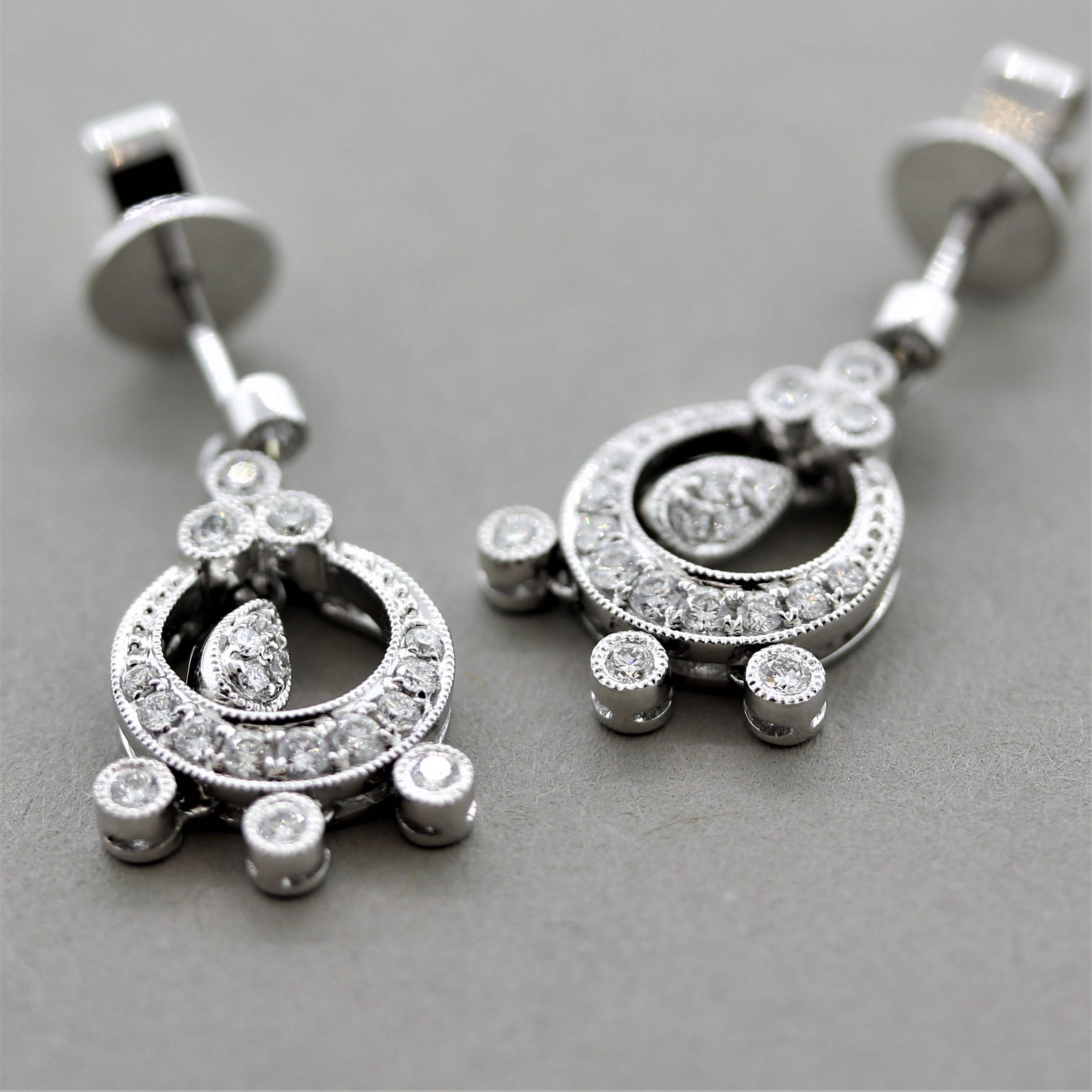 Round Cut Diamond Dangle Gold Drop Earrings For Sale