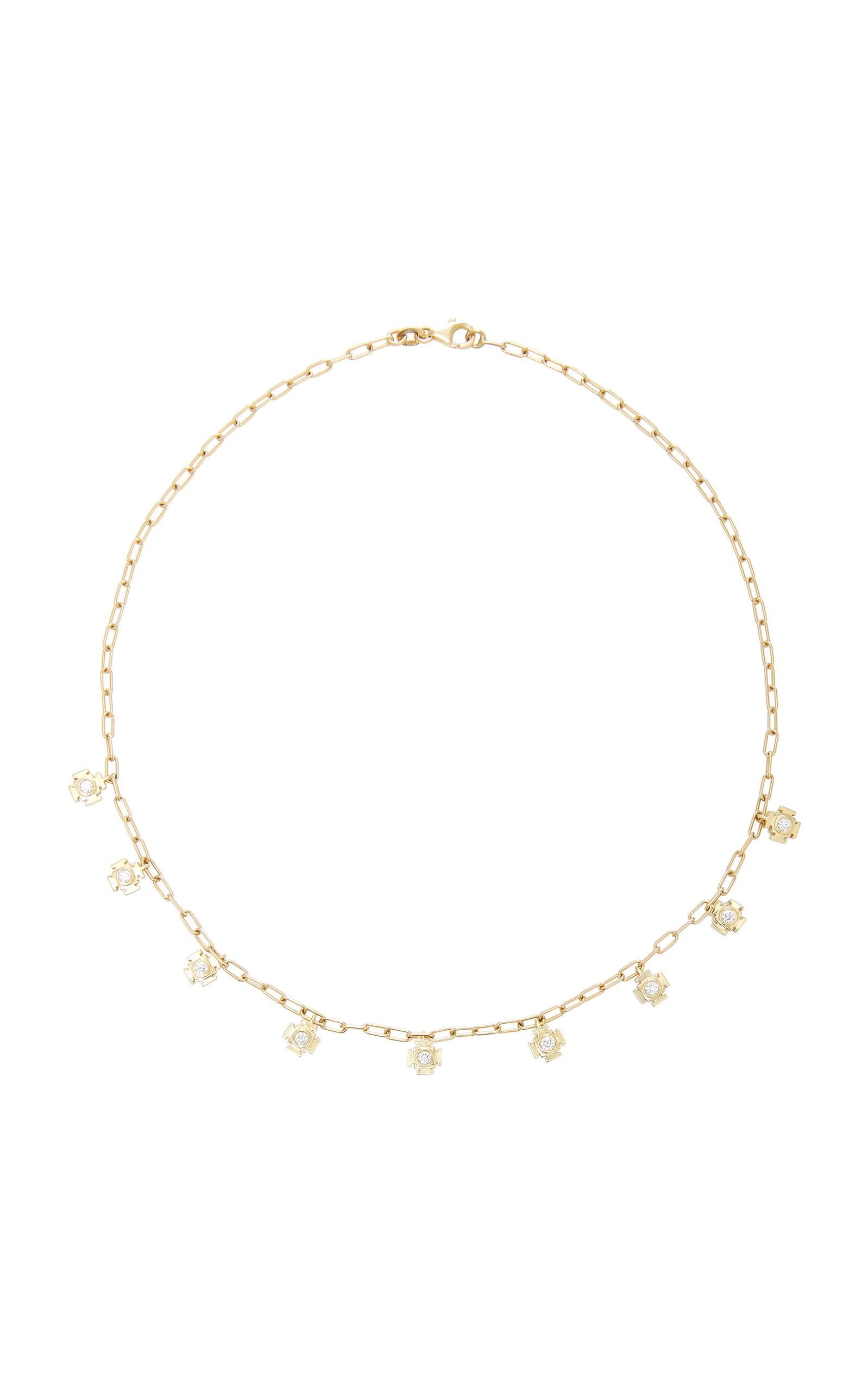 This Mini Gateway Dangling Necklace has 0.50cts White Diamonds. It is handmade in 18 Karat Gold and is made entirely in Los Angeles, CA. The length is 15