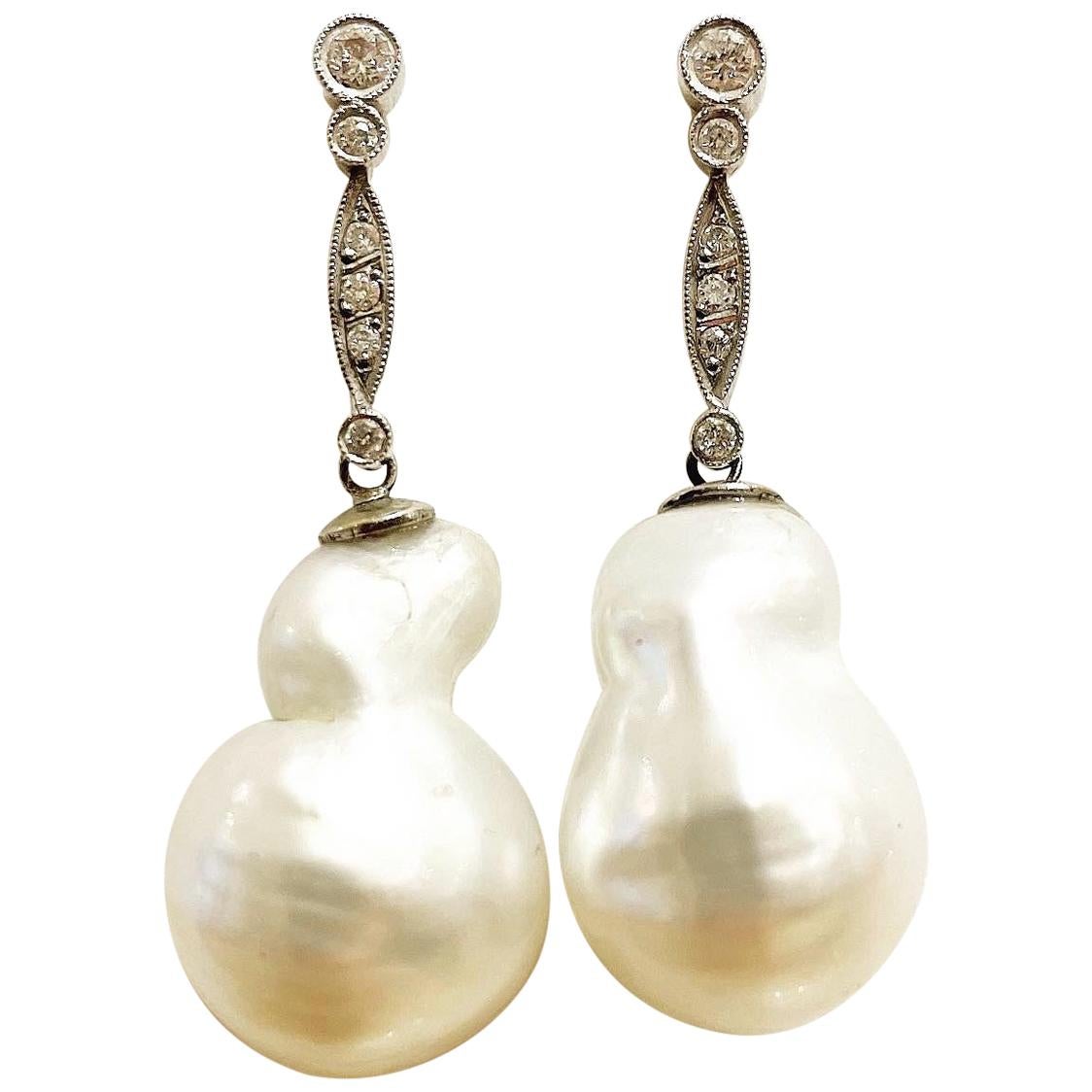 Diamond Dangle Removable South Sea Baroque Pearl Stud 18k White Gold Earrings