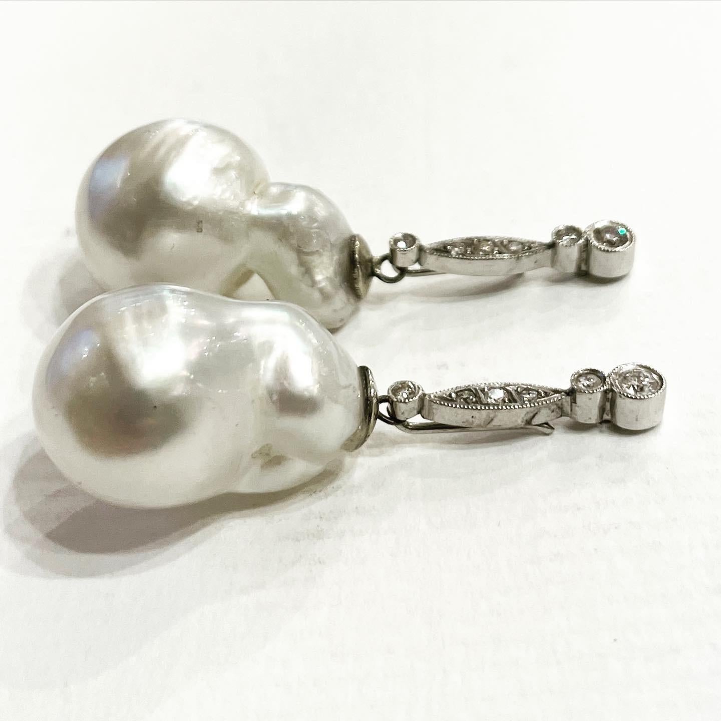 Brilliant Cut Diamond Dangle Removable South Sea Baroque Pearl Stud 18k White Gold Earrings For Sale