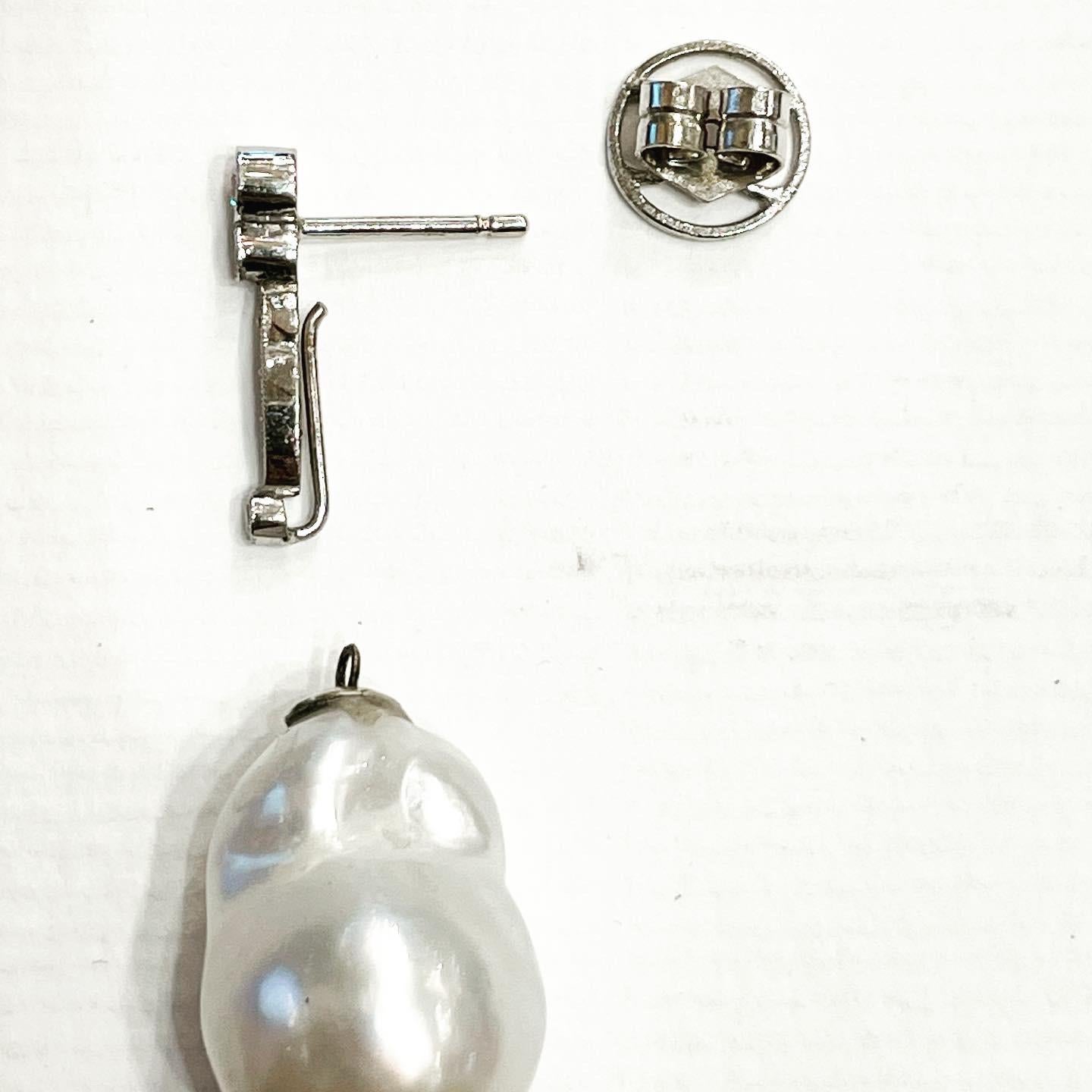 Women's or Men's Diamond Dangle Removable South Sea Baroque Pearl Stud 18k White Gold Earrings For Sale