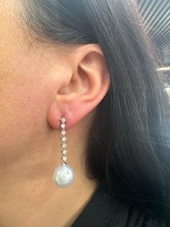 Diamond Dangle South Sea Pearl Earrings 0.75 Carats 18KT White Gold 13-14 MM