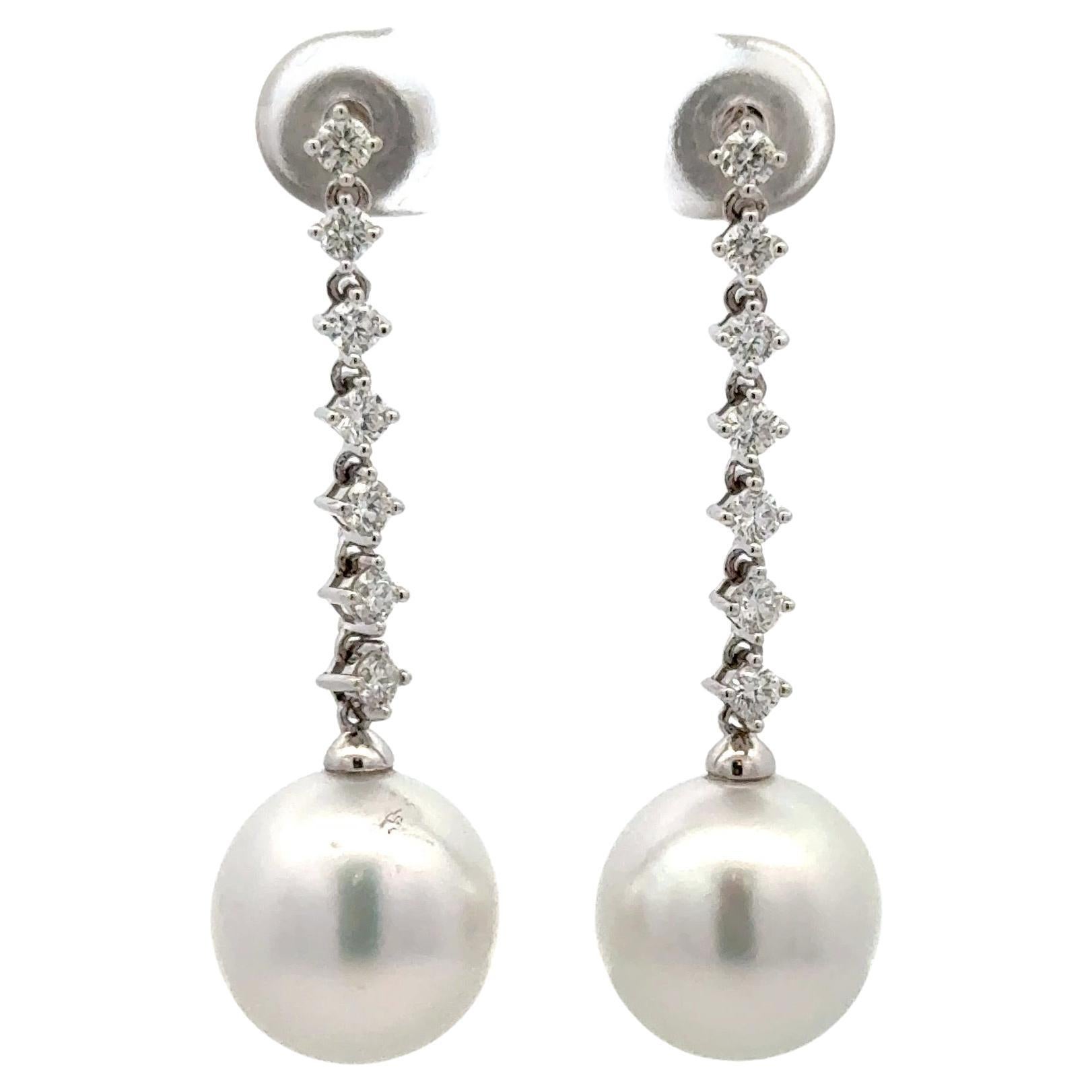 Diamond Dangle South Sea Pearl Earrings 0.75 Carats 18KT White Gold 13-14 MM