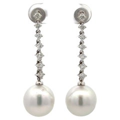 Diamond Dangle South Sea Pearl Earrings 0.75 Carats 18KT White Gold 13-14 MM