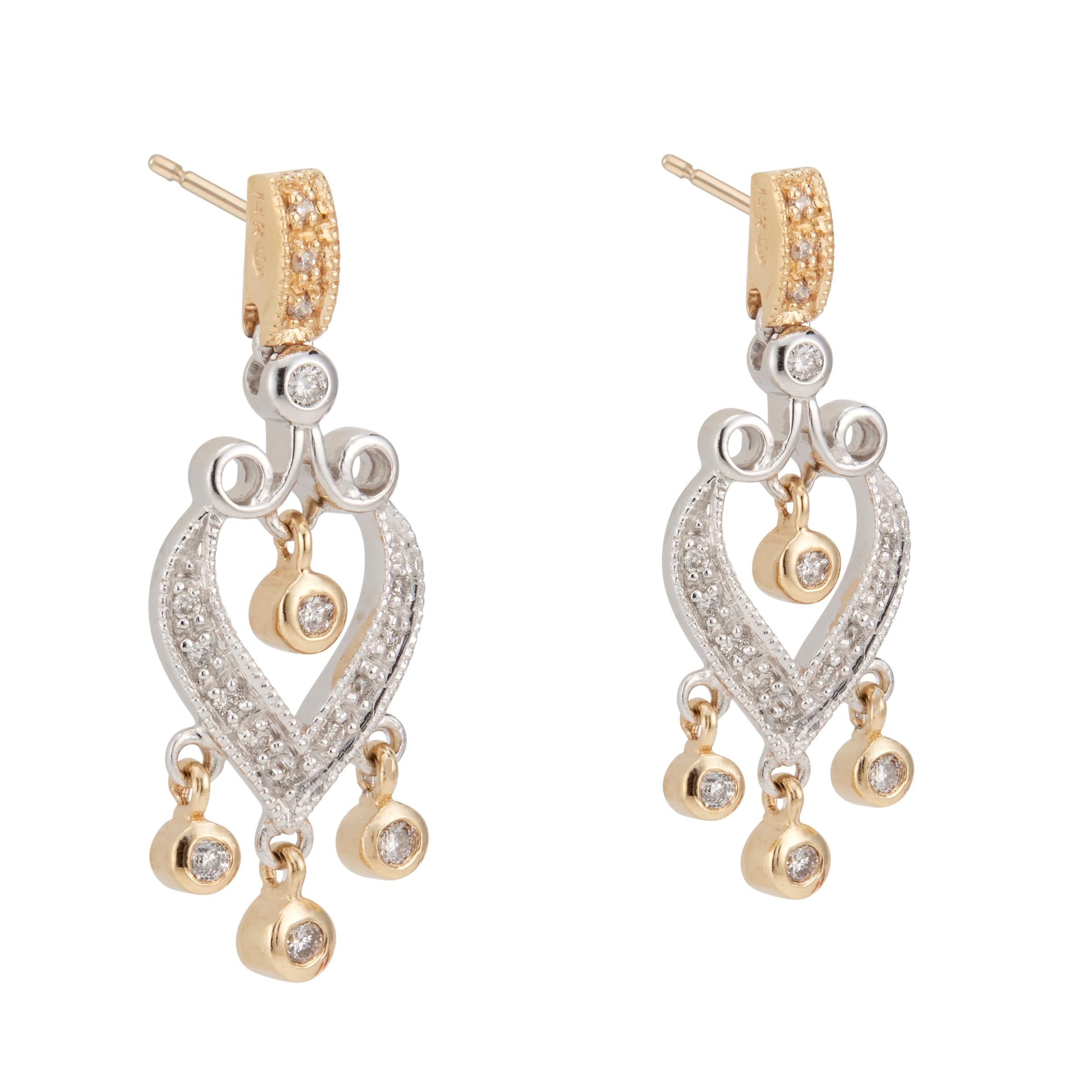 Round Cut Diamond Dangle Two-Tone Gold Dangle Earrings For Sale