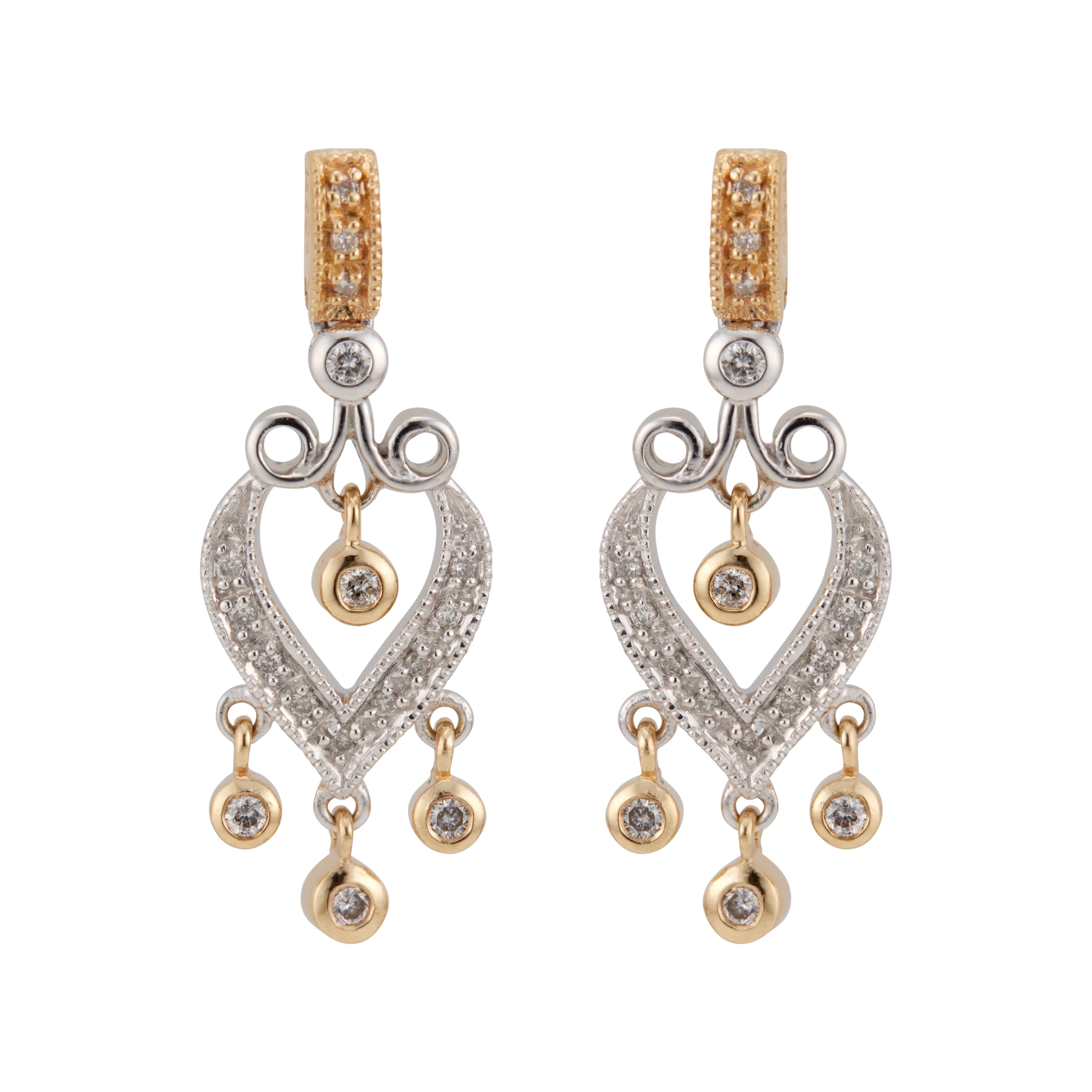 Diamond Dangle Two-Tone Gold Dangle Earrings In Excellent Condition For Sale In Stamford, CT
