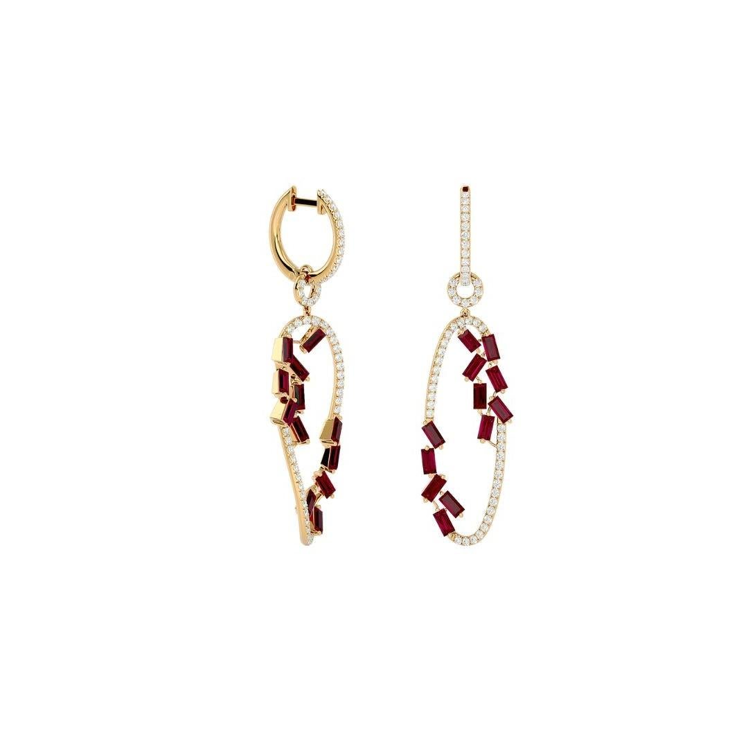 Baguette Cut Diamond Danglers with Scattered Rubies in 18 Karat Gold For Sale