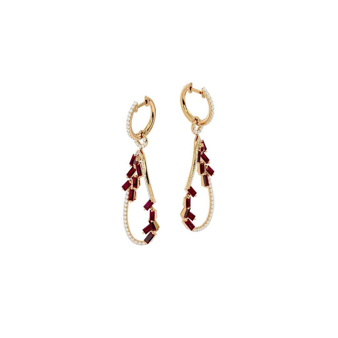 Women's or Men's Diamond Danglers with Scattered Rubies in 18 Karat Gold For Sale