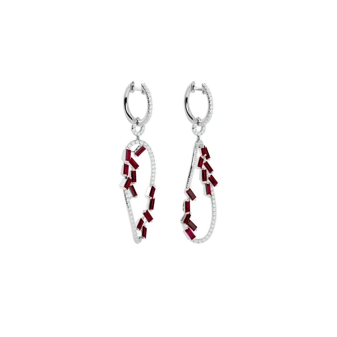 Women's or Men's Diamond Danglers with Scattered Rubies in 18 Karat Gold For Sale