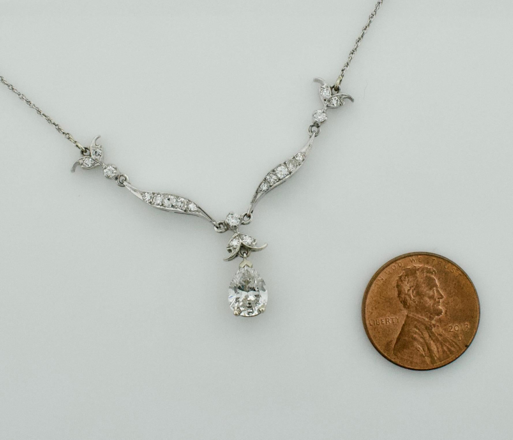 Diamond Dangling Diamond Pear Shape Necklace in Platinum on 14 Karat Chain In Excellent Condition For Sale In Wailea, HI