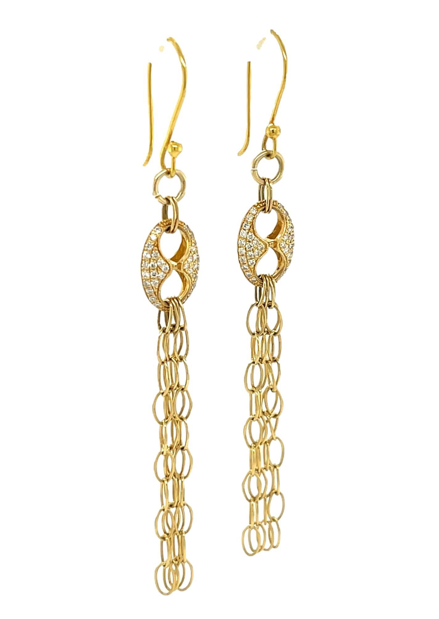Brilliant Cut Diamond Dangling Hoop Earrings in 18KY Gold  For Sale