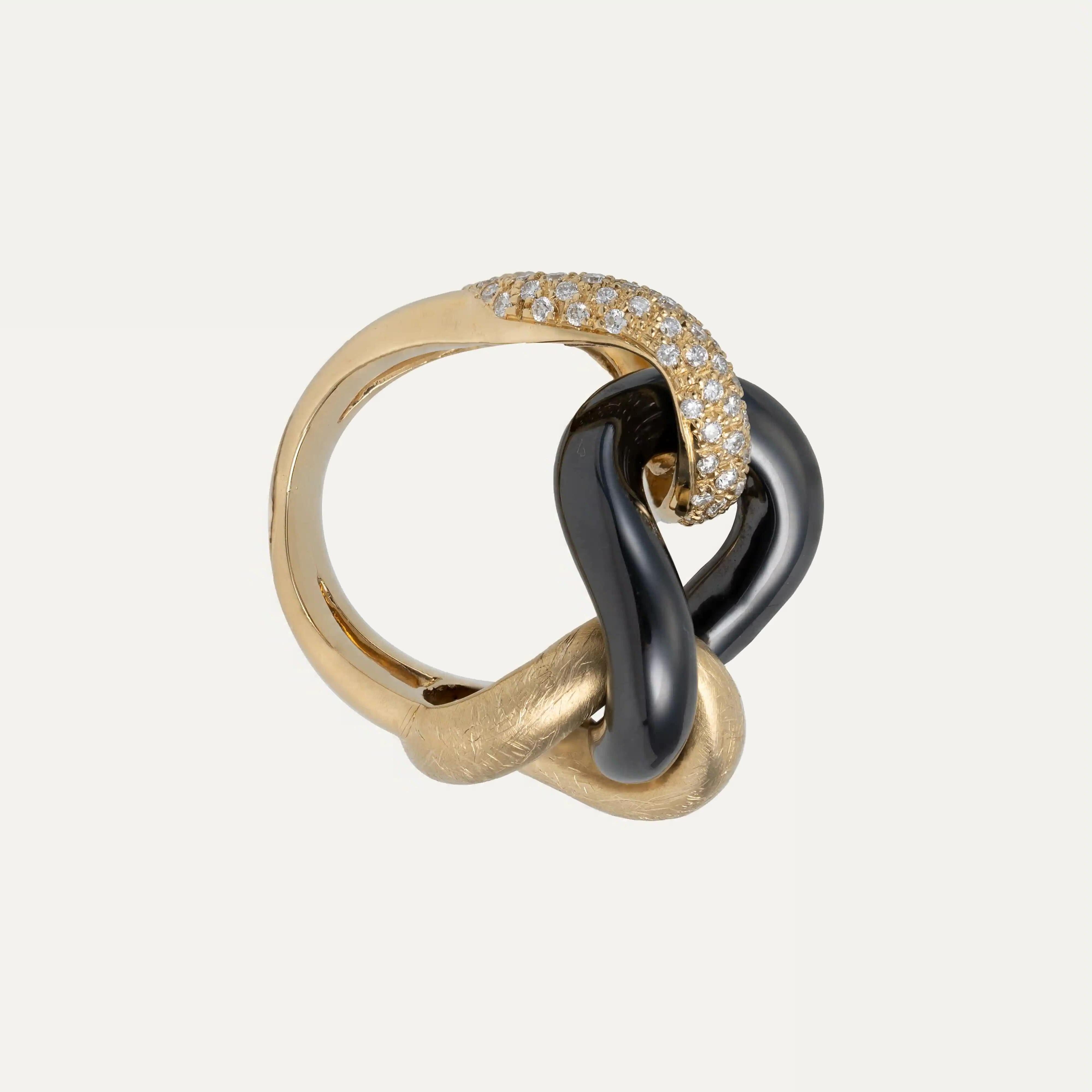 Cocktailring aus Diamant, dunkelgrauem Hämatit und Gelbgold (Moderne) im Angebot
