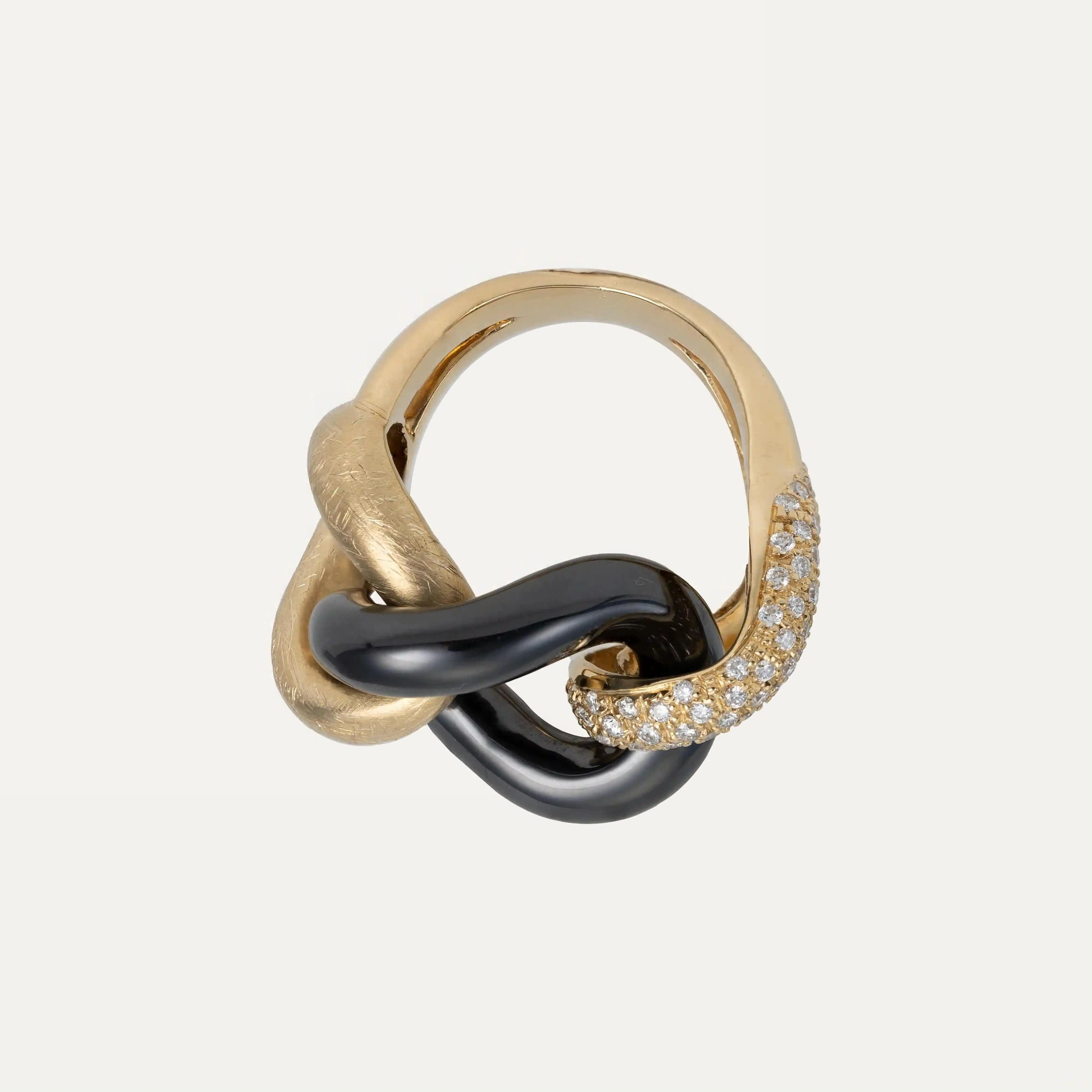 Cocktailring aus Diamant, dunkelgrauem Hämatit und Gelbgold (Gemischter Schliff) im Angebot