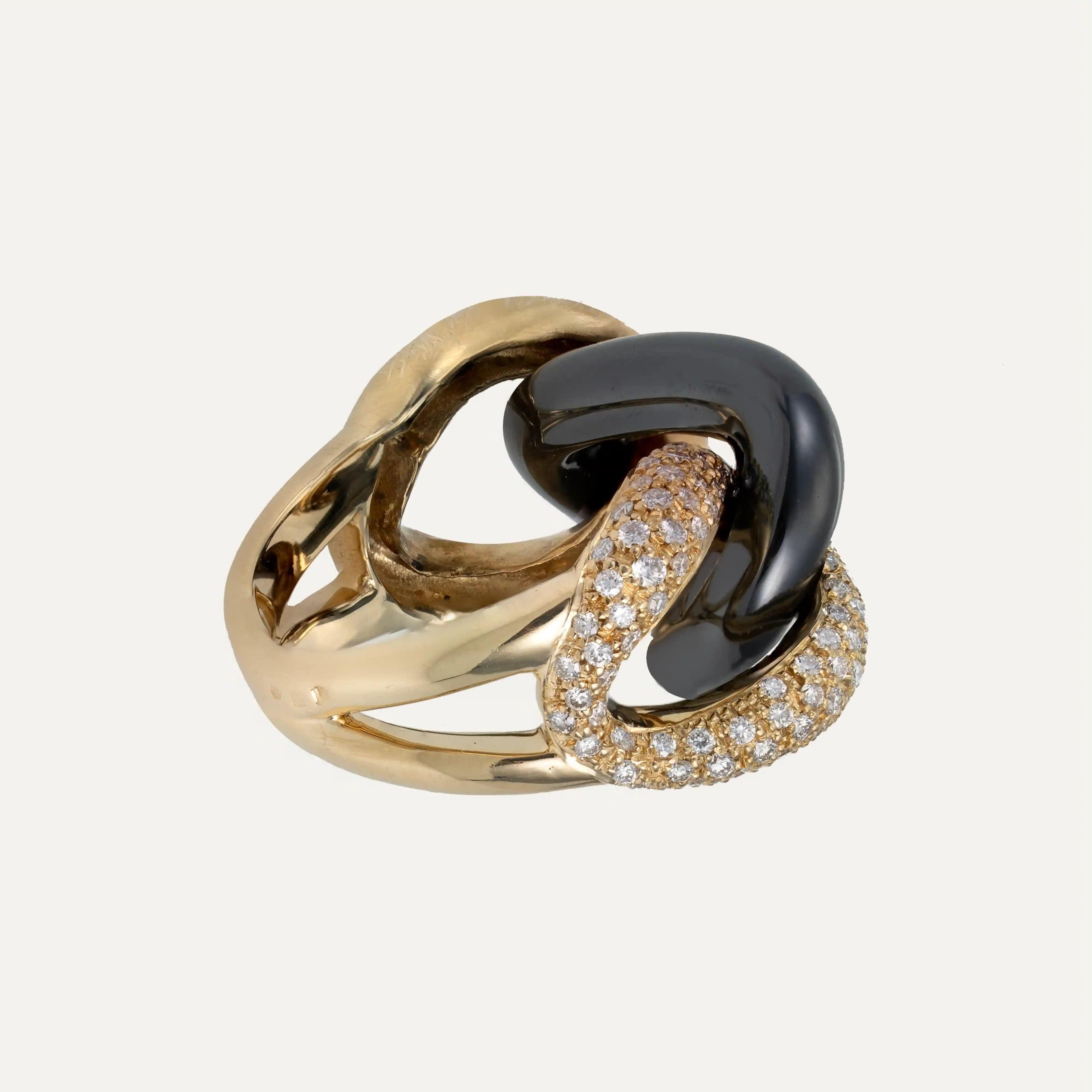 Cocktailring aus Diamant, dunkelgrauem Hämatit und Gelbgold im Angebot 1