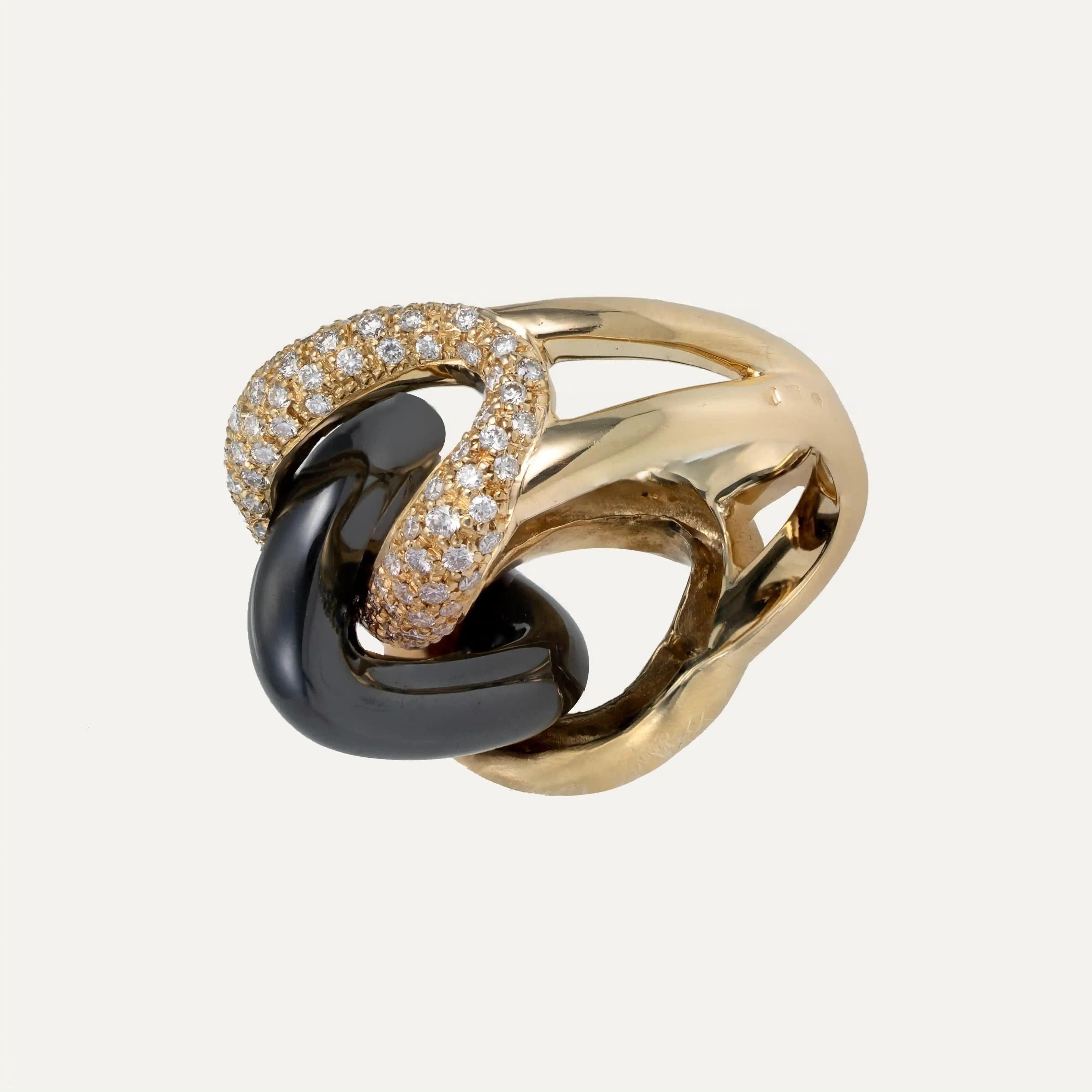 Cocktailring aus Diamant, dunkelgrauem Hämatit und Gelbgold im Angebot 3