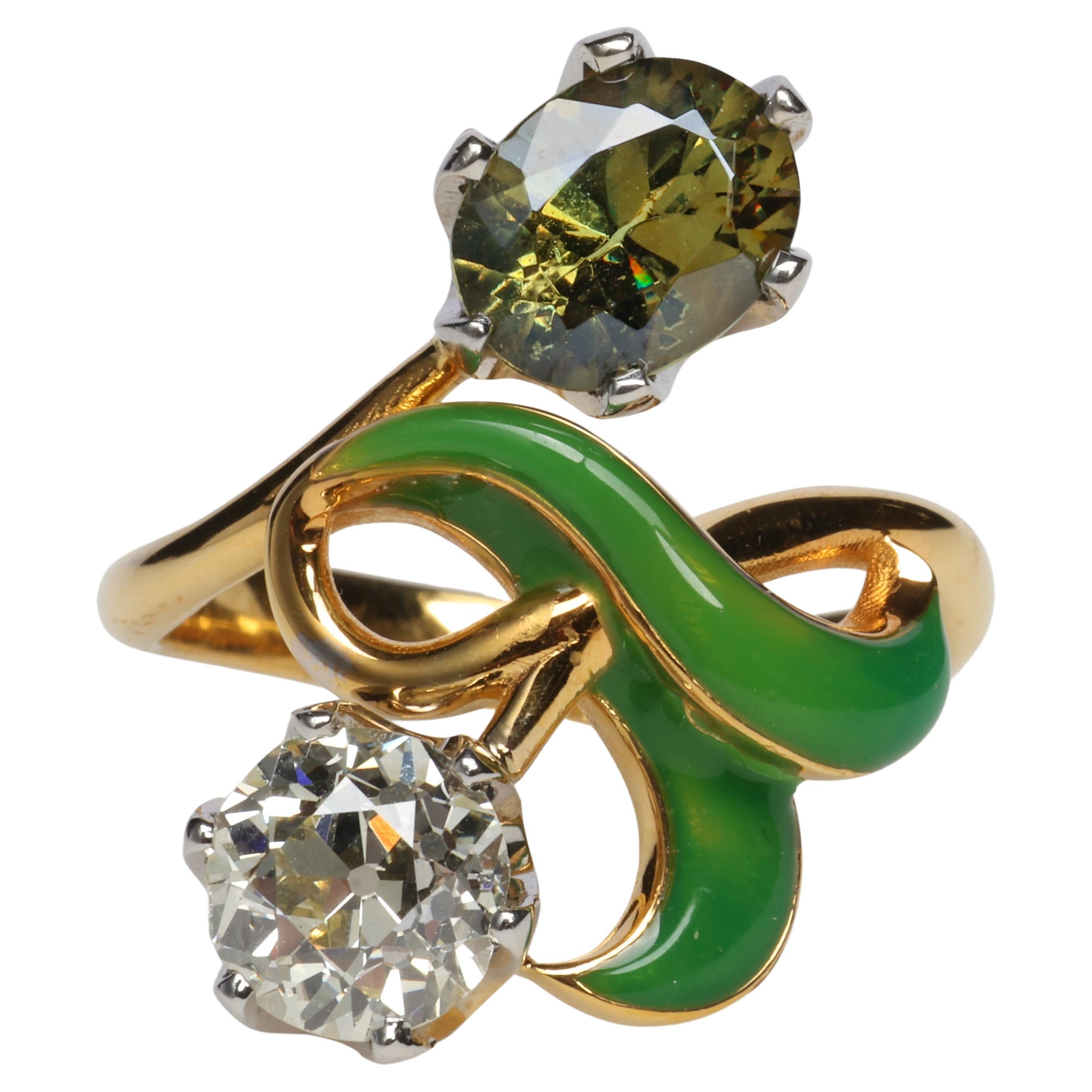 Diamond & Demantoid Art Nouveau Style Ring EGL Certified